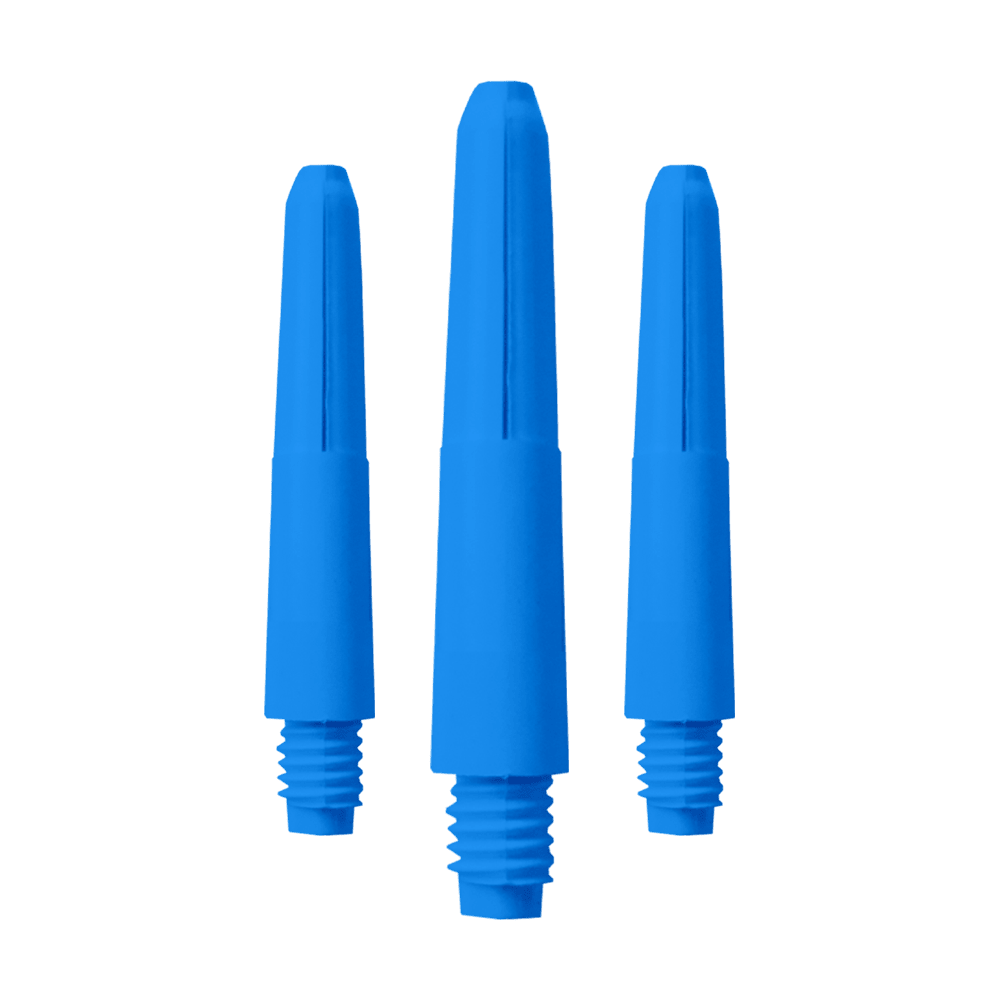 572_Nylon_Shafts_Blau_28mm_1 Das Bild zeigt drei blaue Nylon Shafts. Sie sind für Dartpfeile geeignet und haben ein Schraubgewinde am unteren Ende.