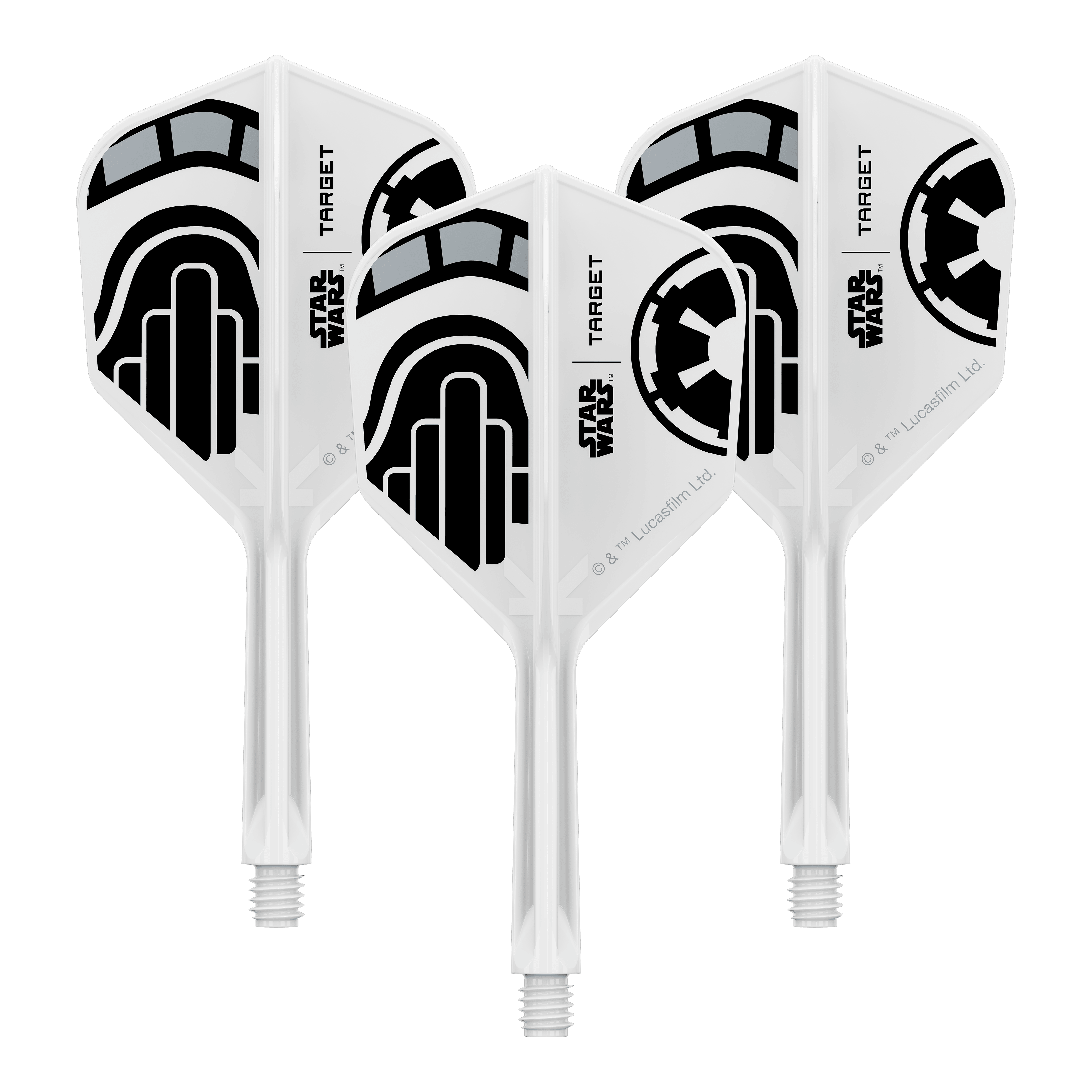 Voli Target Star Wars K-Flex Stormtrooper No6 Abgebildet ist ein Dartflügel-Set im Star Wars Design mit dem Namen 'Stormtrooper No6 Flights Intermediate 26mm'. Das Set eignet sich für den Austausch von Dartflügeln.