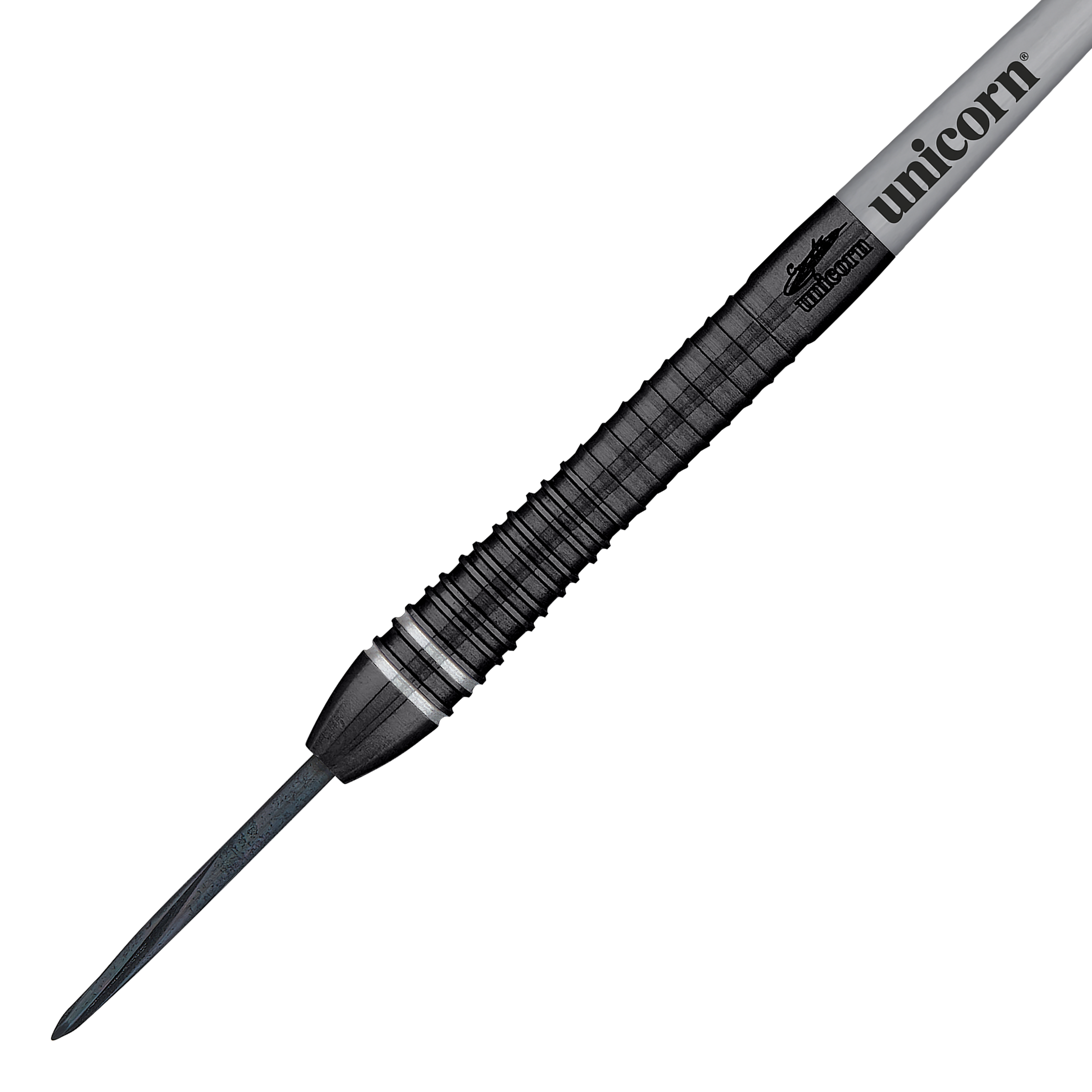 Campione del mondo Unicorn Gary Anderson Noir Fase 6 Steeldarts Das Bild zeigt einen Steeldartpfeil aus der Serie "Unicorn World Champion Gary Anderson Noir Phase 6". Der Dartpfeil ist schwarz mit silbernen Akzenten und trägt das "Unicorn"-Logo.