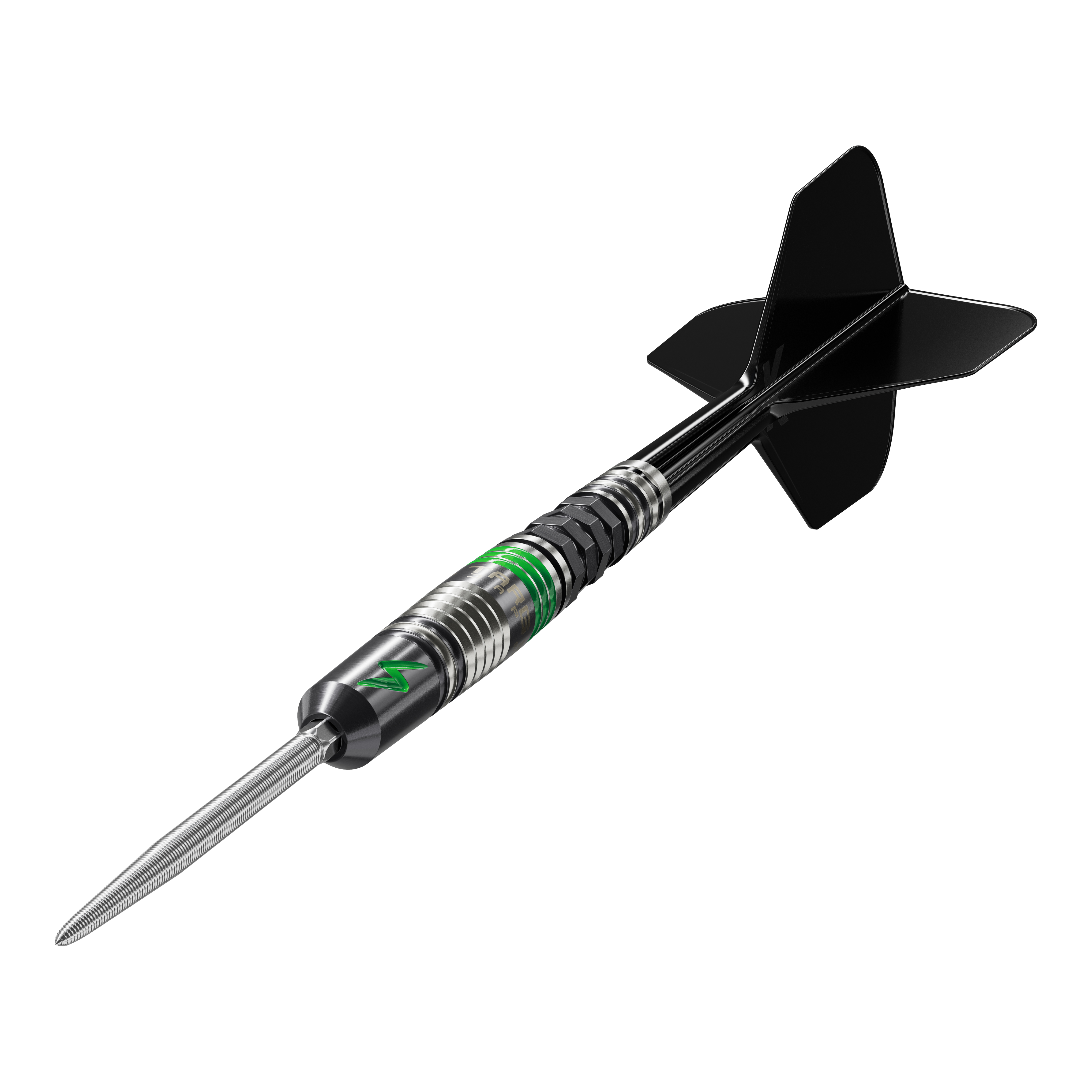 Freccette in acciaio Target Japan Black Marque Lightning 3 SP Das Bild zeigt den Target Japan Black Marque Lightning 3 SP Steeldart. Der Dartpfeil ist schwarz-silber mit grünen Akzenten und hat schwarze Flights.
