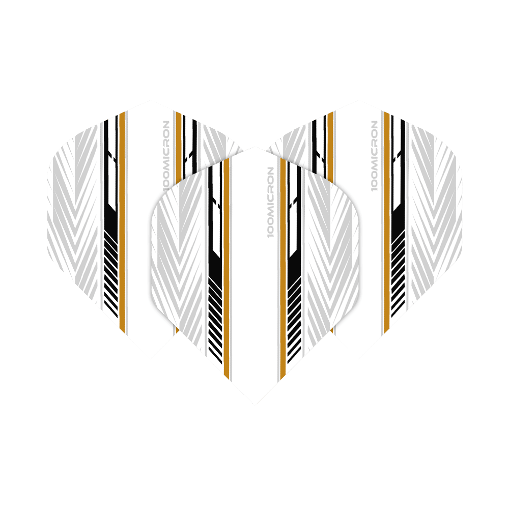 Voli Pentathlon bianchi/neri/oro Das Bild zeigt die Pentathlon White Black Gold No2 Standard Flights für Dartpfeile. Die Flights sind überwiegend weiß mit schwarzen und goldenen Zierstreifen sowie geometrischen Mustern.