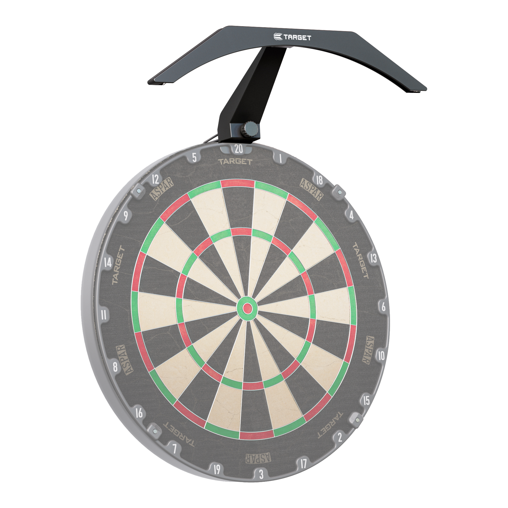 Illuminazione per bersaglio Target ARC V2 Das Bild zeigt eine Dartscheibe mit der Target ARC V2 Dartboard Beleuchtung darüber. Die Beleuchtung sorgt für eine gleichmäßige Ausleuchtung der gesamten Spielfläche.