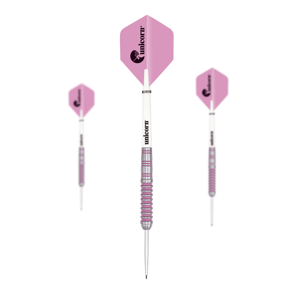 Unicorn Autograph Steeldarts Das Bild zeigt drei Unicorn Autograph Steeldarts mit rosa Flights. Die Darts haben eine weiße Mitte und einen geriffelten, silber-rosa Schaft.