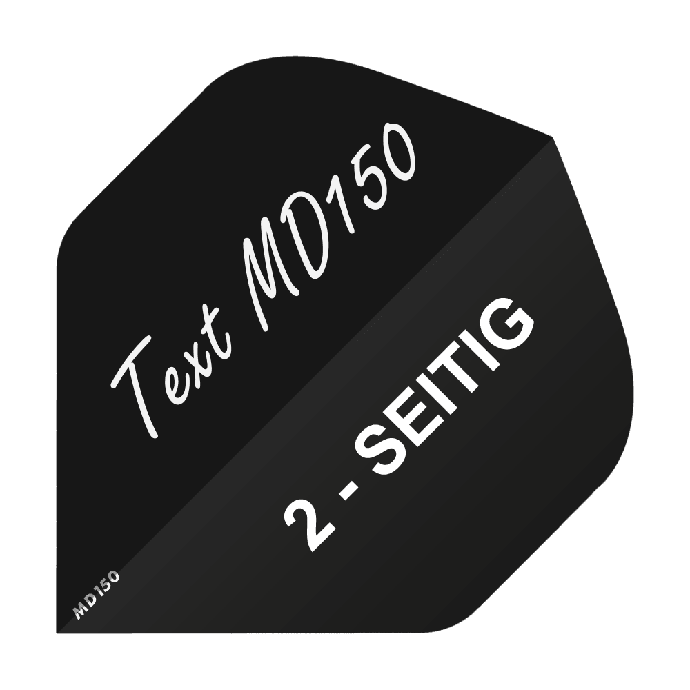 MD-200_2-Seitig_Bedruckte_Flights_Wunschtext_MD150_Schwarz_Standard_1 Das Bild zeigt ein schwarzes Feld mit dem Text "Text MD150" und "2-SEITIG" in weißer Schrift. Es handelt sich um ein Beispielbild für bedruckte Flights mit Wunschtext, Modell MD150 Standard.