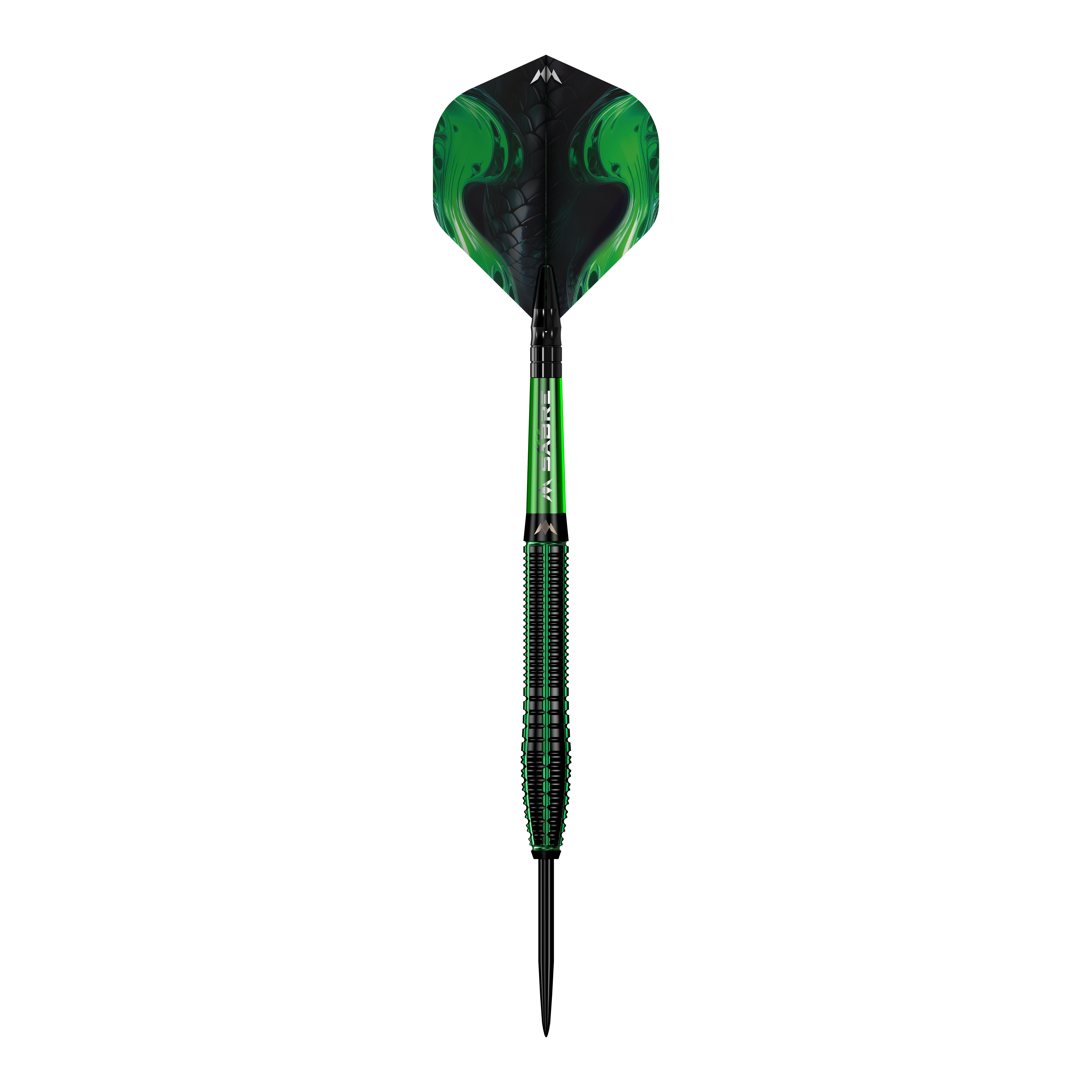 Freccette in acciaio Mission Venom Das Bild zeigt einen Mission Venom Steeldart mit einem auffälligen, grünen Design. Der Schaft und die Flights haben ein modernes Muster, das an Schlangenhaut erinnert.