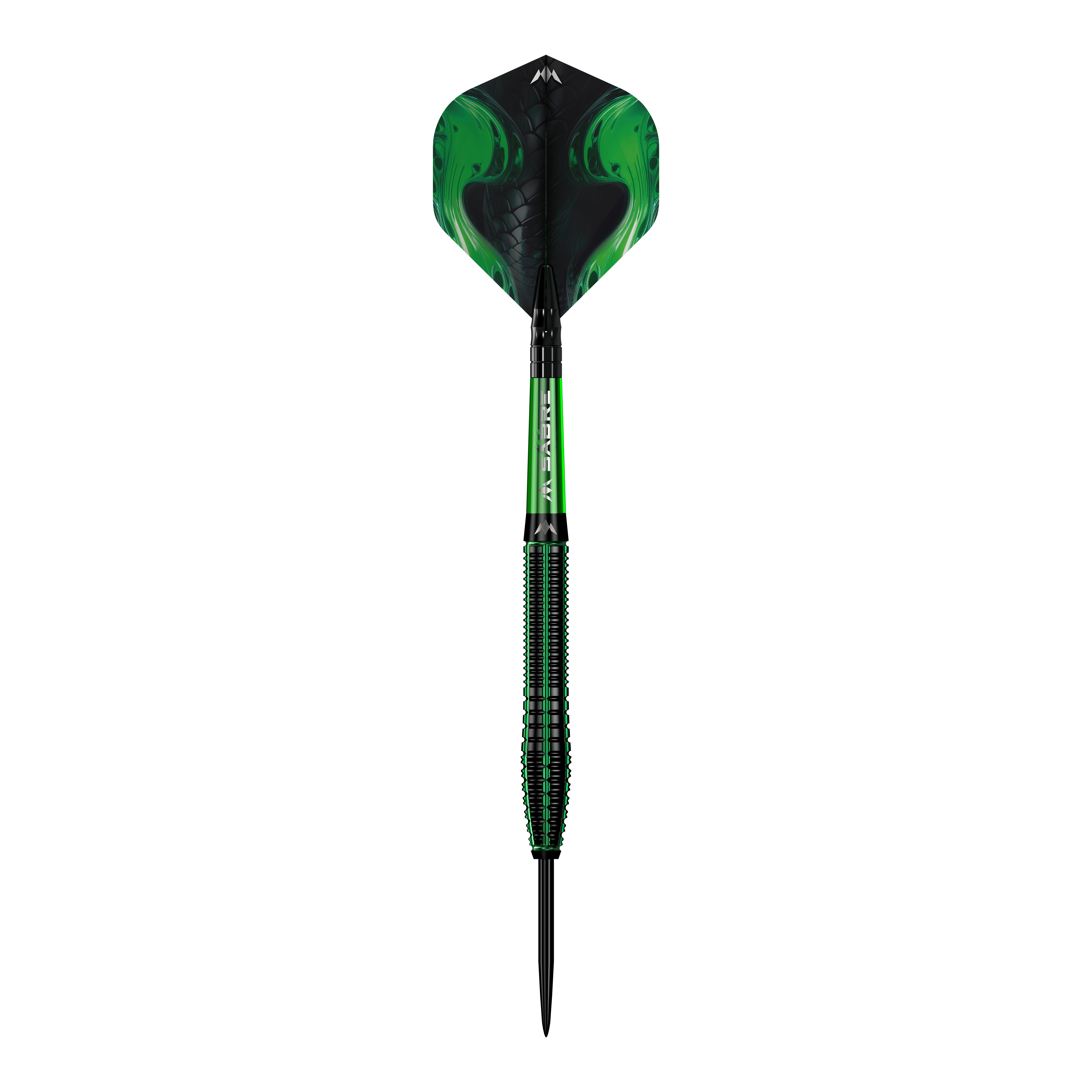 Freccette in acciaio Mission Venom Ein einzelner Mission Venom Steeldart wird präsentiert. Die Konturen und das Design sind gut erkennbar.