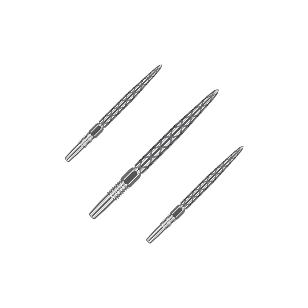 Punte per freccette Target Swiss Diamond Pro Silver Points Das Bild zeigt drei silberne Dartspitzen mit einem rautenförmigen Muster. Sie sind nebeneinander auf einem neutralen Hintergrund angeordnet.