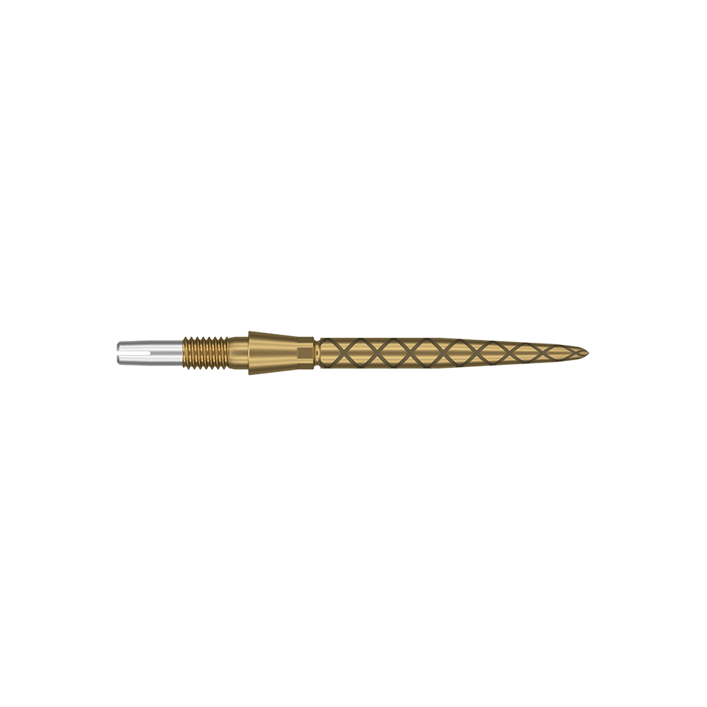 Punte per freccette Target Swiss Storm Diamond Point - Oro Dies ist eine goldfarbene Dartspitze mit einem diamantförmigen Muster. Sie ist schlank, länglich und hat eine Länge von 26 mm.