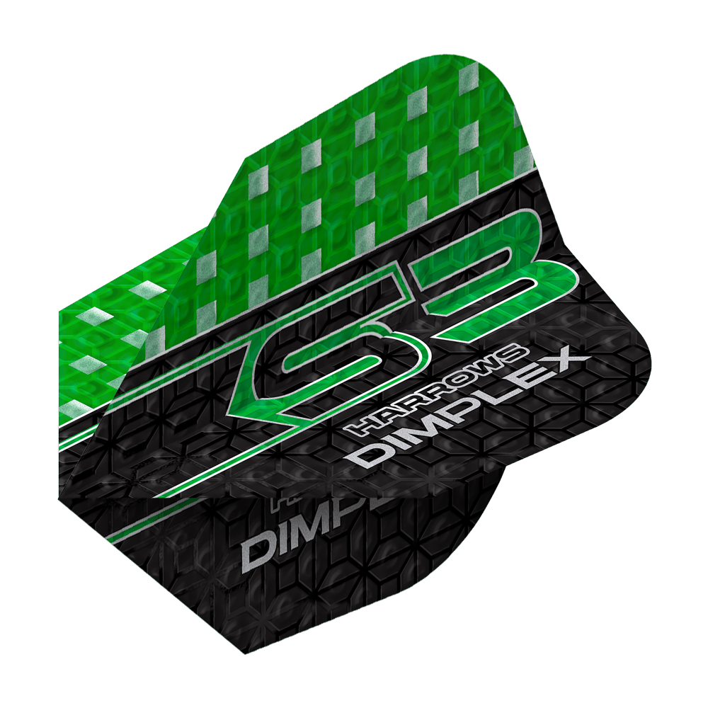 Harrows Dimplex S3 Flights - Verde Das Bild zeigt einen grünen und schwarzen Dartflight mit der Aufschrift "Harrows Dimplex S3". Das obere Drittel ist grün mit silbernen Quadraten, der Rest ist schwarz mit einem Muster und weißen Schriftzügen.