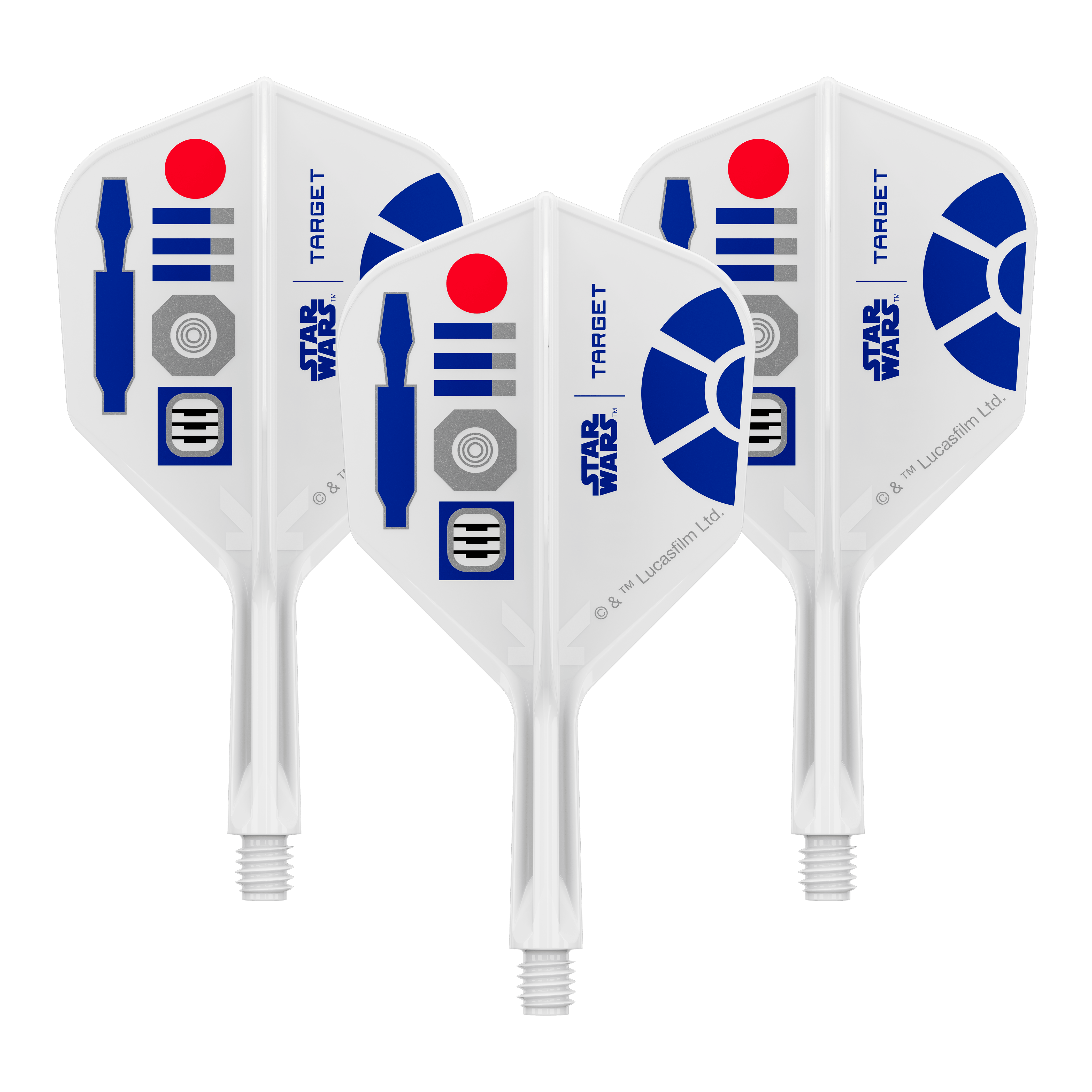Voli Target Star Wars K-Flex R2D2 No6 Abgebildet sind Dart-Flights mit Star Wars R2D2 Motiv und dem Dateinamen 410510_Target_StarWars_KFlex_R2D2_No6_Flights_Short_19mm_1Set. Es handelt sich um ein Set kurzer Dart-Flights.