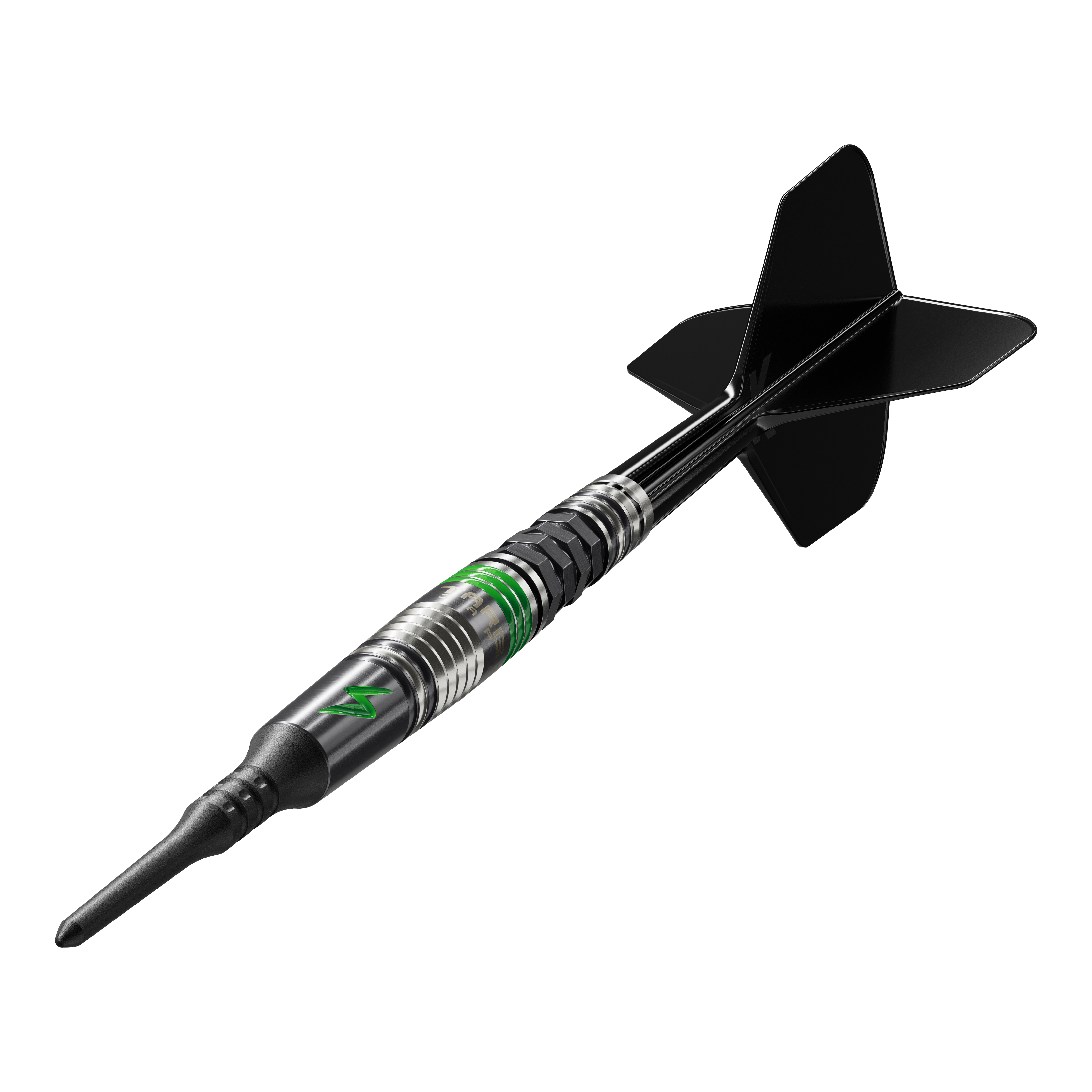 Target Japan Black Marque Lightning 3 freccette morbide - 19 g Das Bild zeigt einen Softdart der Marke Target Japan Black Marque Lightning 3 mit einem Gewicht von 19 Gramm. Der Dartpfeil ist schwarz und silber mit grünen Akzenten und hat schwarze Flights.