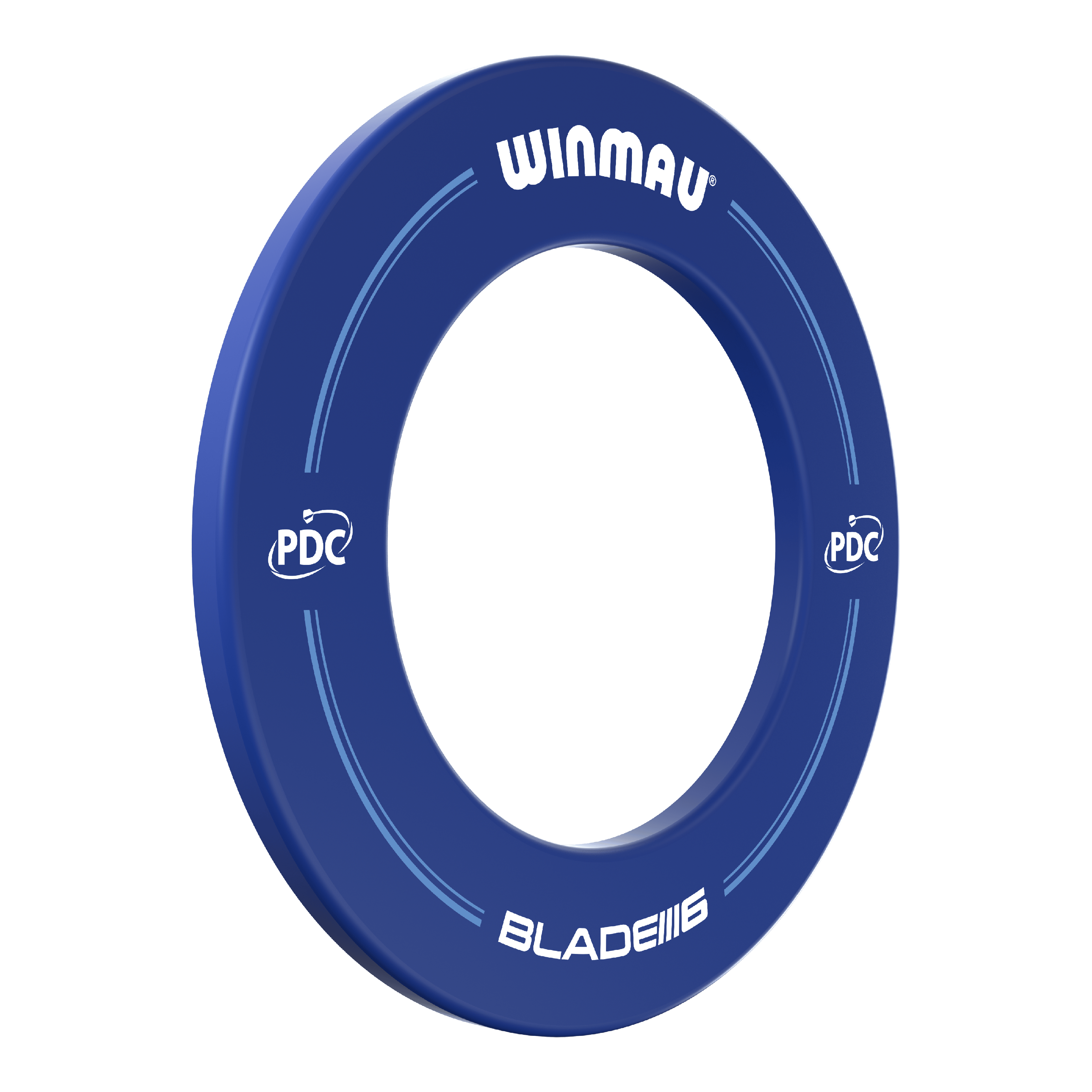 Winmau PDC Dartboard Surround - Blu Das Bild zeigt einen blauen Dartboard-Surround der Marke Winmau mit der Aufschrift "BLADE 6" und "PDC". Der Ring dient zum Schutz der Wand rund um eine Dartscheibe.
