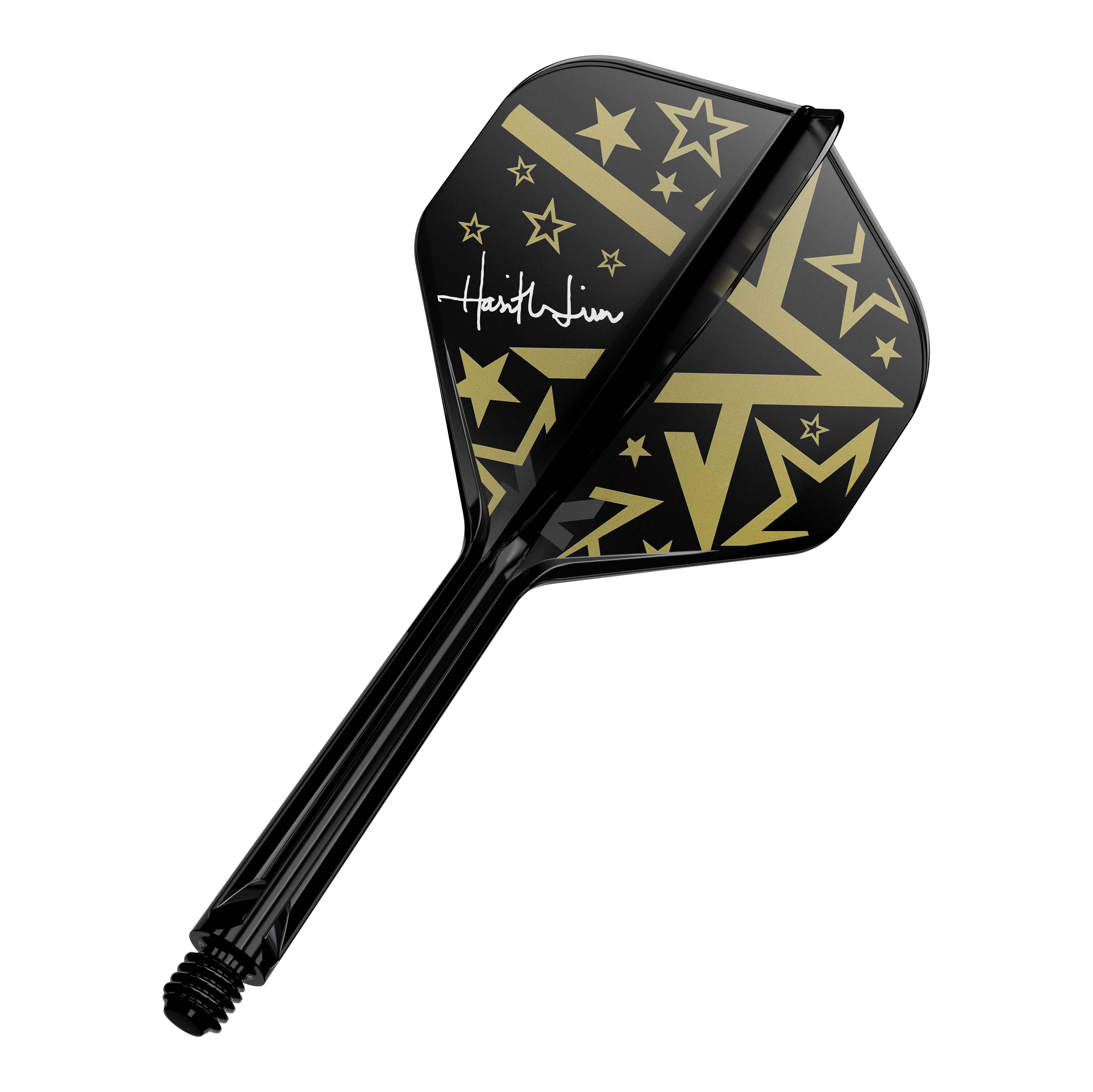 Target Japan K-Flex Hot Shot No2 Sistema di albero di volo standard Dies ist ein schwarzer Dartschaft mit einem Flight in Schwarz und Gold. Das Flight-Design zeigt goldene Sterne und geometrische Muster sowie eine weiße Unterschrift.