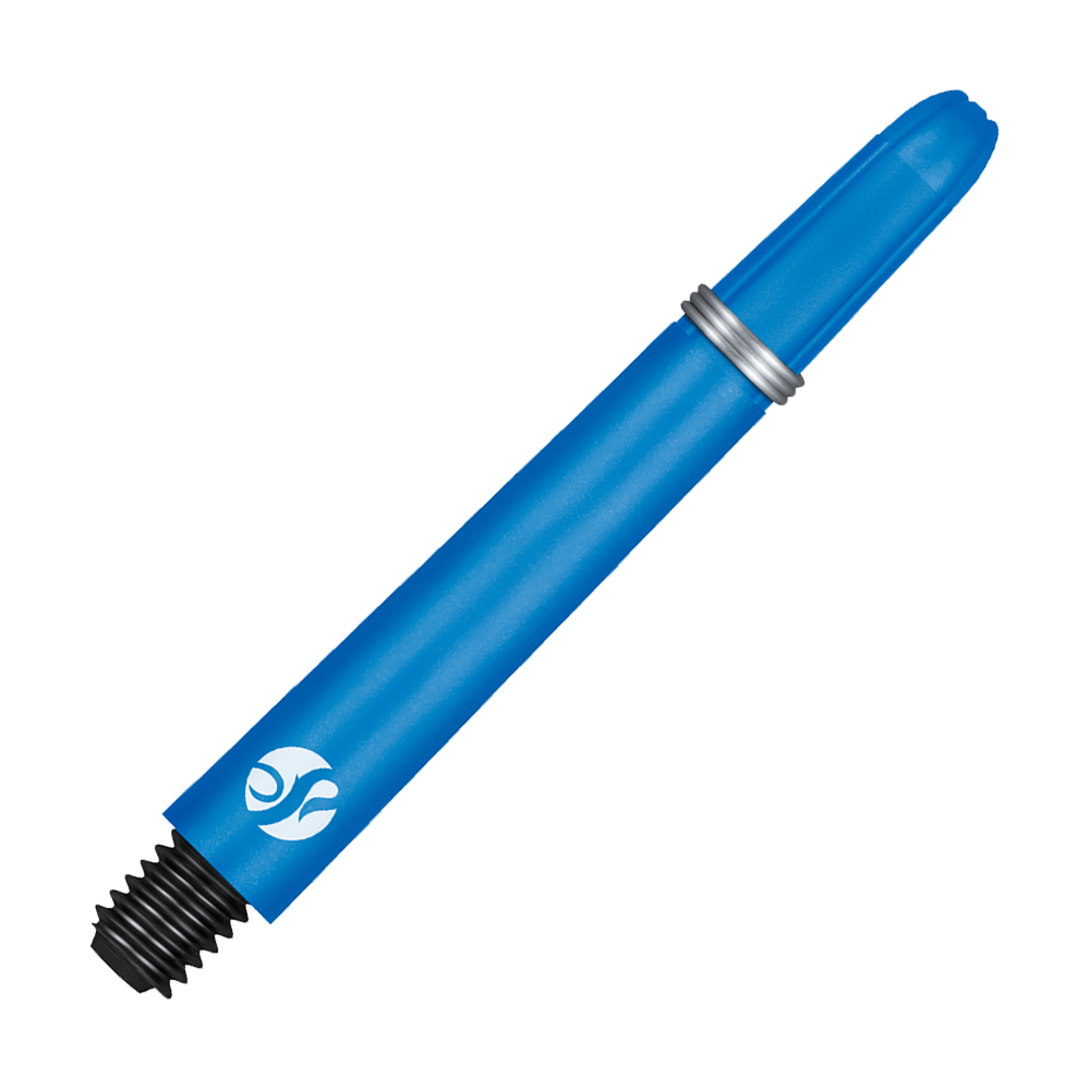 Dies ist ein blauer Carbon-Schaft für einen Dartpfeil. Am unteren Ende befindet sich ein schwarzes Gewinde zum Befestigen.
