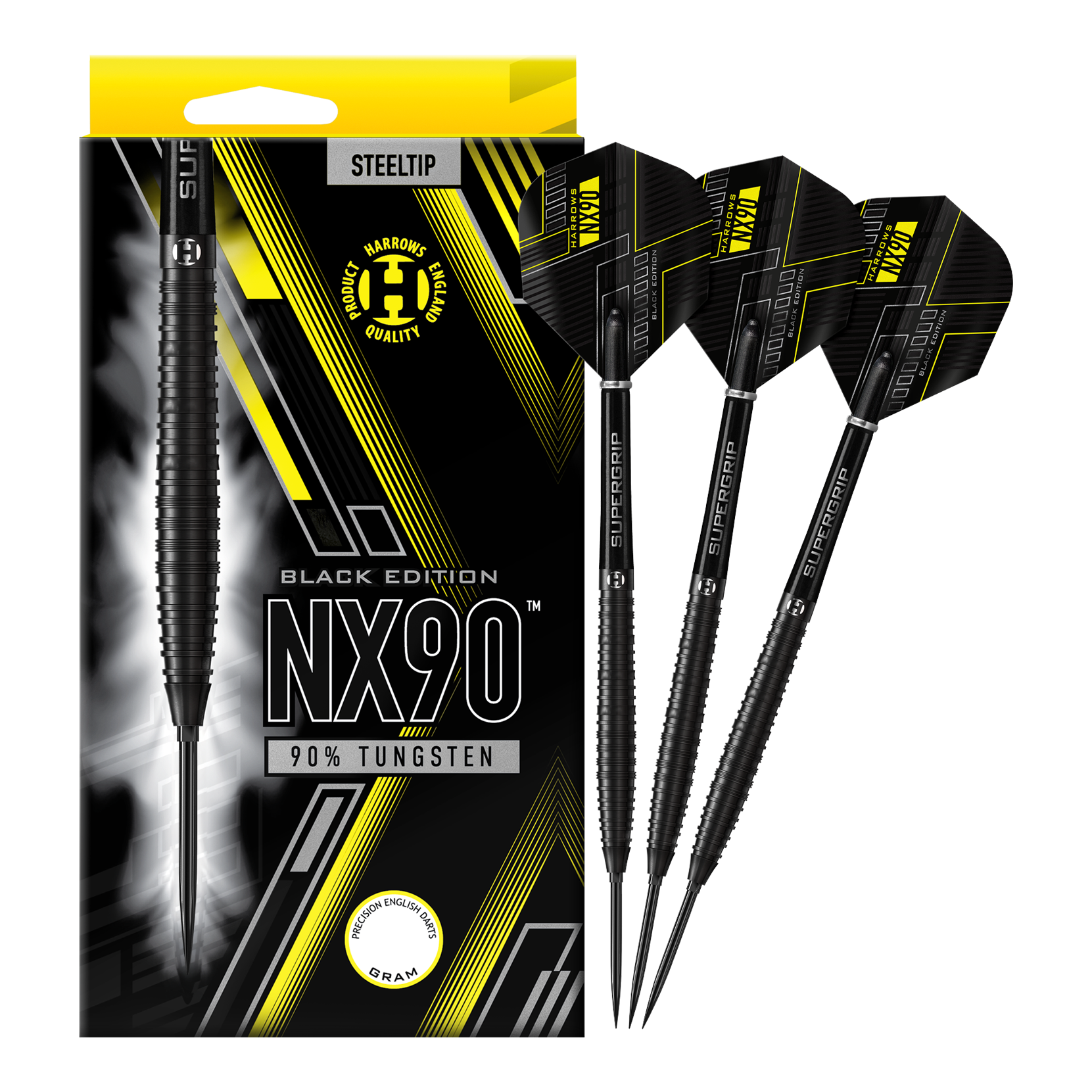 Freccette in acciaio coniche Harrows NX90 Black Edition Quick Point Abgebildet sind die Harrows NX90 Black Edition Tapered Quick Point Steeldarts. Die schwarzen Steeldarts haben eine schlanke, konische Form.
