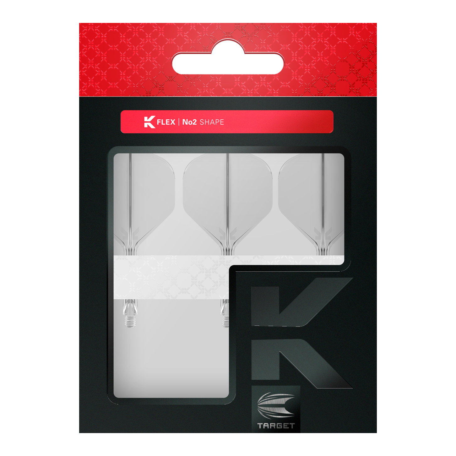 Target K-Flex No2 Standard Flight System - Trasparente Das Bild zeigt eine Packung mit Target K-Flex No2 Standard Flights in durchsichtigem Design. Die Verpackung ist schwarz mit einem roten Abschnitt oben und enthält vier Flights.