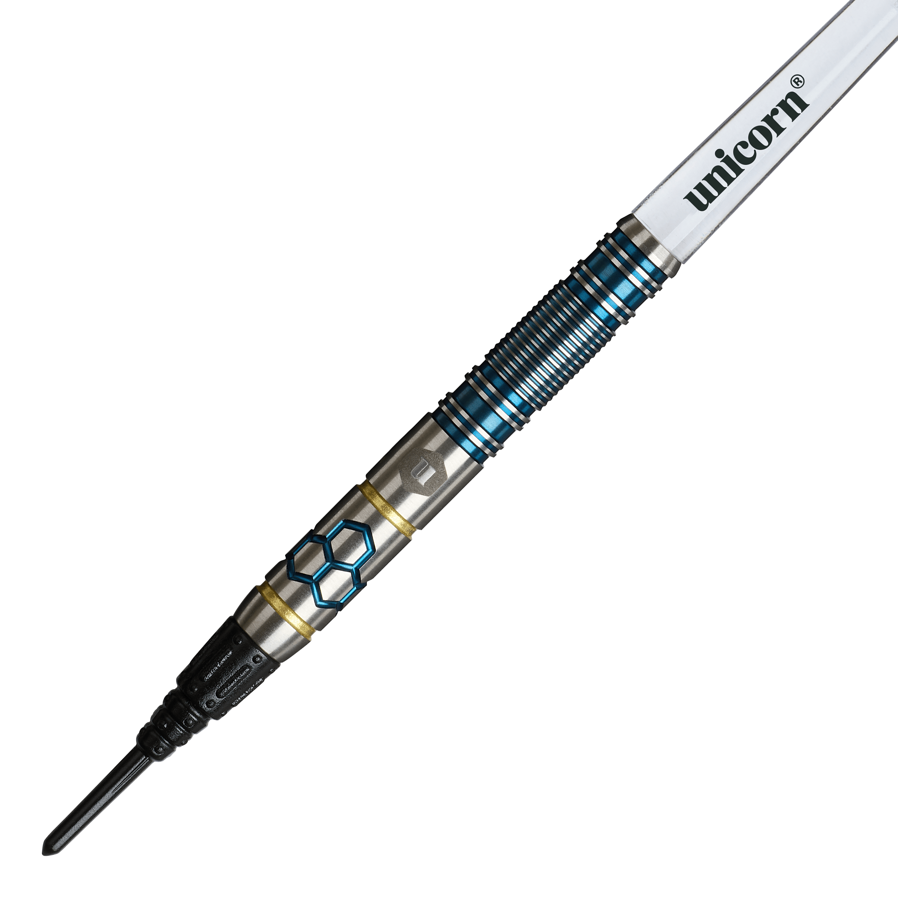 Freccette morbide Unicorn Hexium Style 02 Blu e Oro - 21 g Unicorn Hexium Style 02 Blue & Gold Softdarts - 21g ist auf diesem Bild zu sehen. Die Softdarts sind in den Farben Blau und Gold gestaltet.