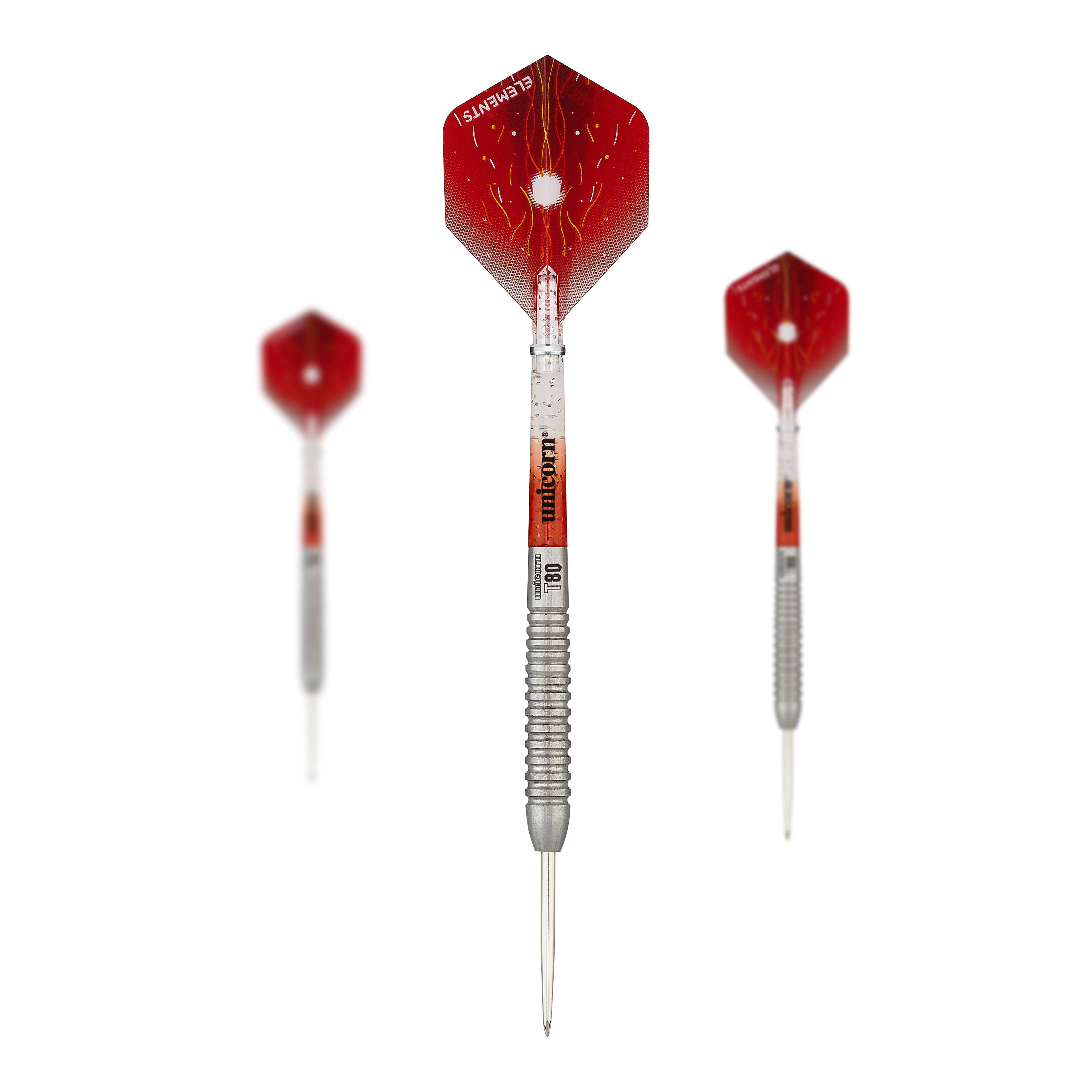 Unicorn Core XL Striker Style 5 freccette in acciaio Das Bild zeigt drei Steeldarts des Produkts "Unicorn Core XL Striker Style 5". Die Darts haben rote Flights und einen silbernen, geriffelten Schaft.