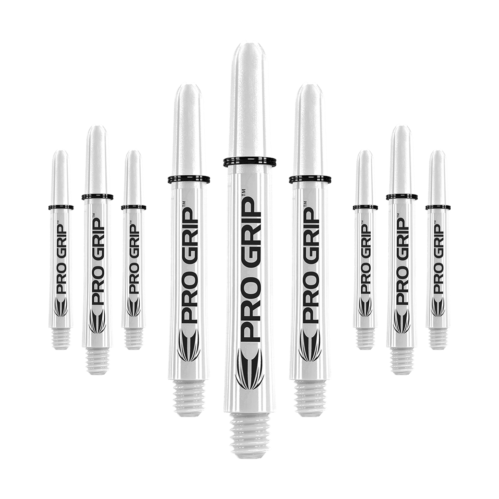 Target Pro Grip Shafts - 3 set - Bianco Das Bild zeigt neun weiße Dartschäfte mit der Aufschrift "PRO GRIP". Sie sind in drei Reihen angeordnet, wobei die mittleren Schäfte am größten sind.