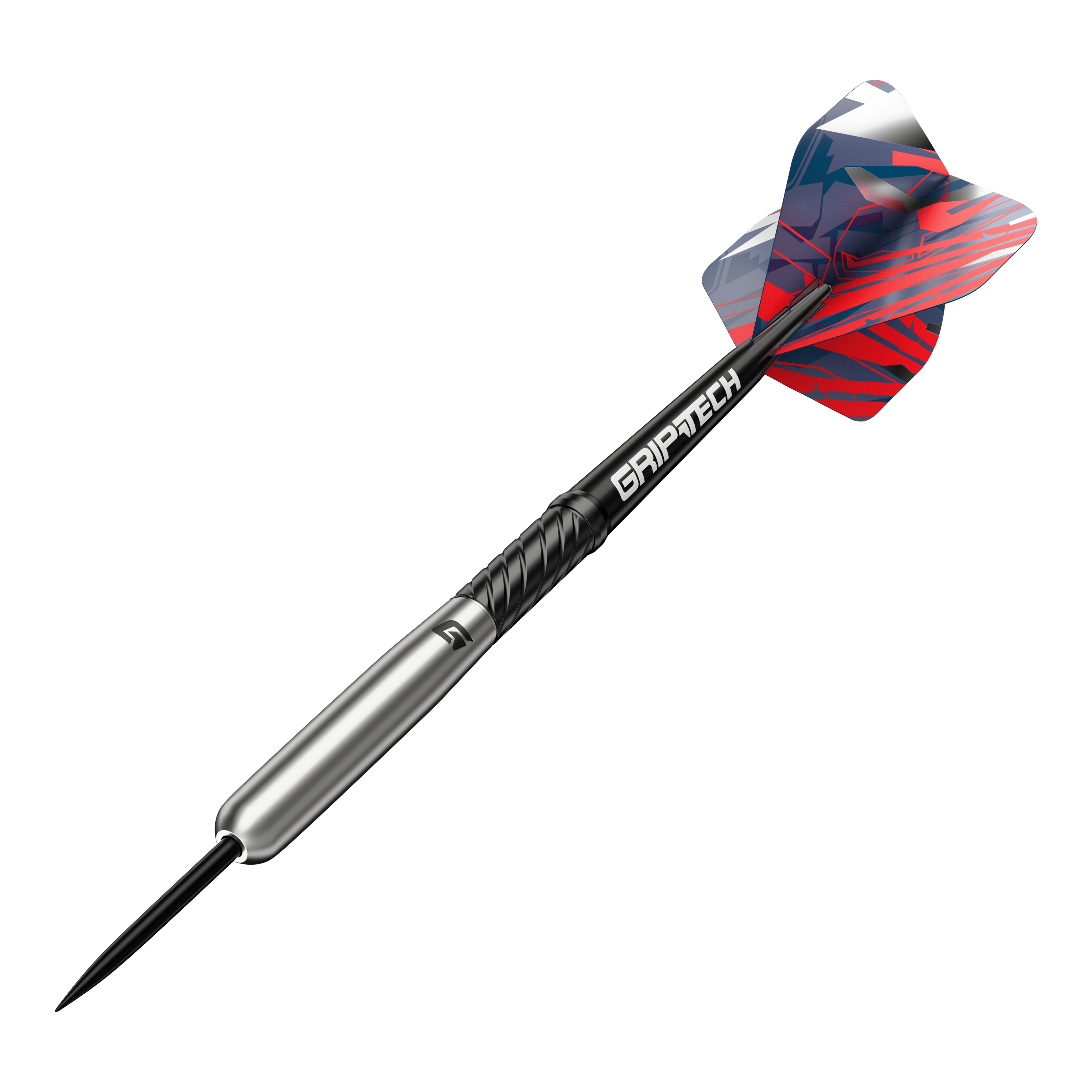Freccette in acciaio al tungsteno per baseball GOAT Homerun Das Bild zeigt einen GOAT Homerun Baseball Tungsten Steeldart mit farbigem Flight und schwarzem Schaft. Der Dart hat einen silbernen Körper und trägt die Aufschrift "GRIPTECH".