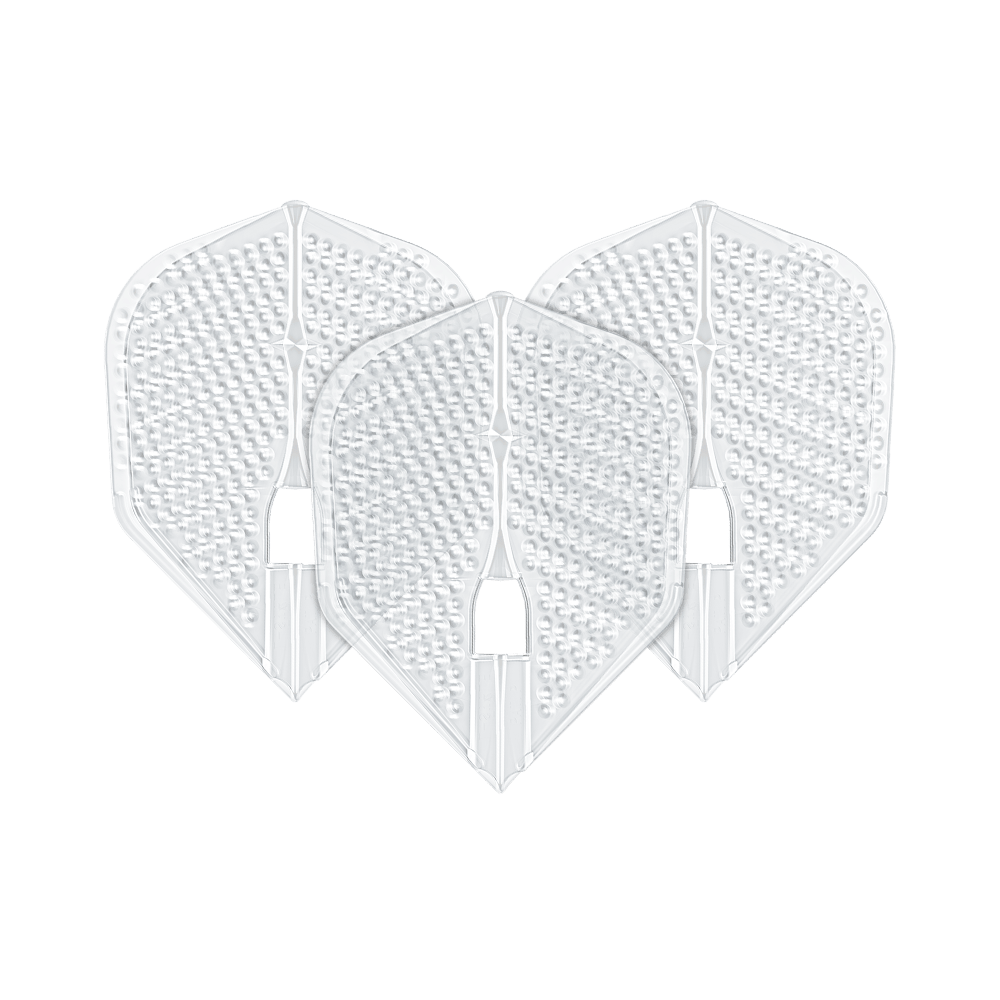 Alette stile L Dimple Champagne L3PRO Shape Das Bild zeigt drei transparente Darts-Flights in L3PRO Form mit Dimple-Oberfläche. Es handelt sich um das Produkt "L-Style Flights Dimple Champagne L3PRO Shape".