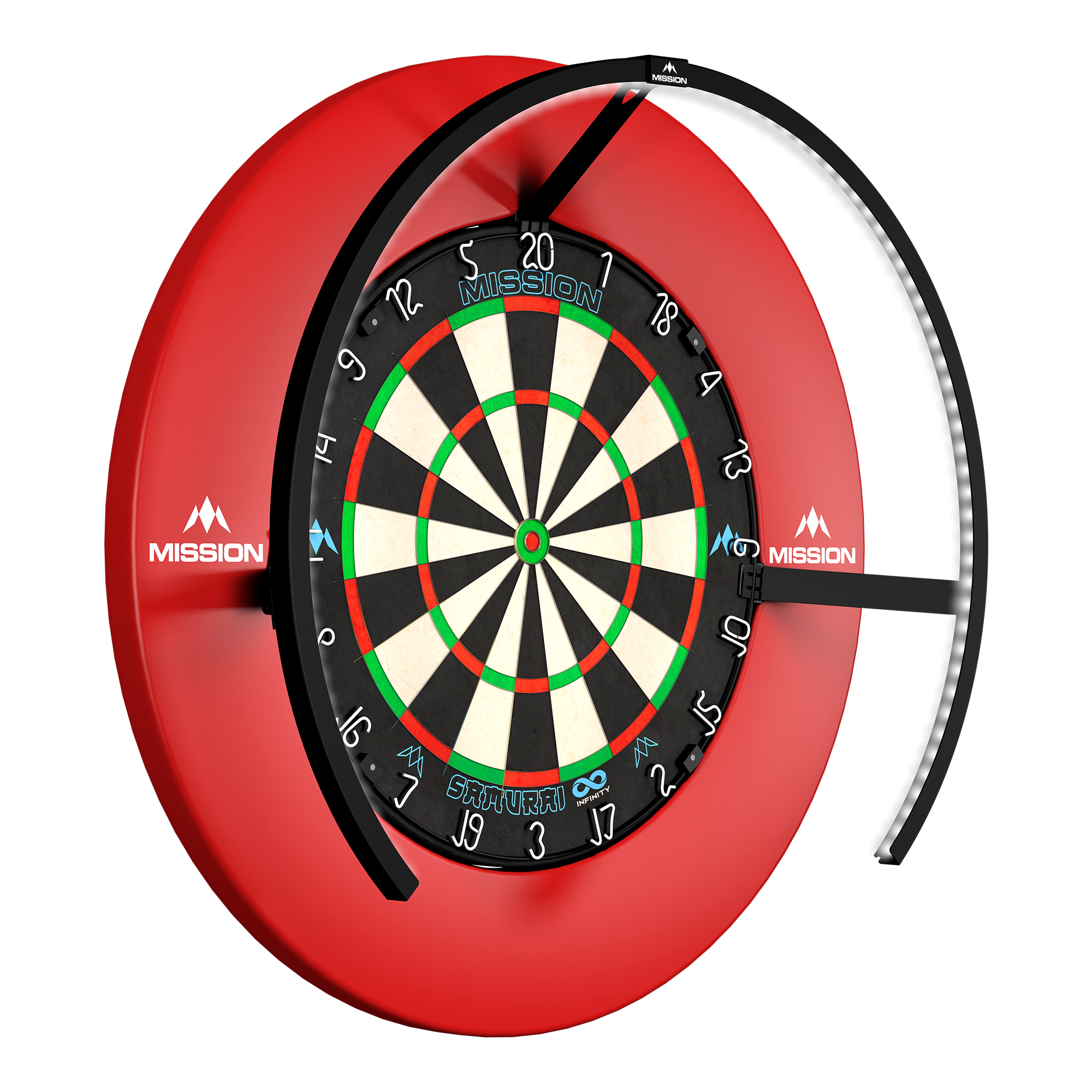 Illuminazione per bersaglio a LED Mission Torus 270 - Nero Zu sehen ist die Mission Torus 270 LED Dartboard Beleuchtung in Schwarz. Diese Beleuchtung verbessert die Sichtbarkeit beim Dartspielen.