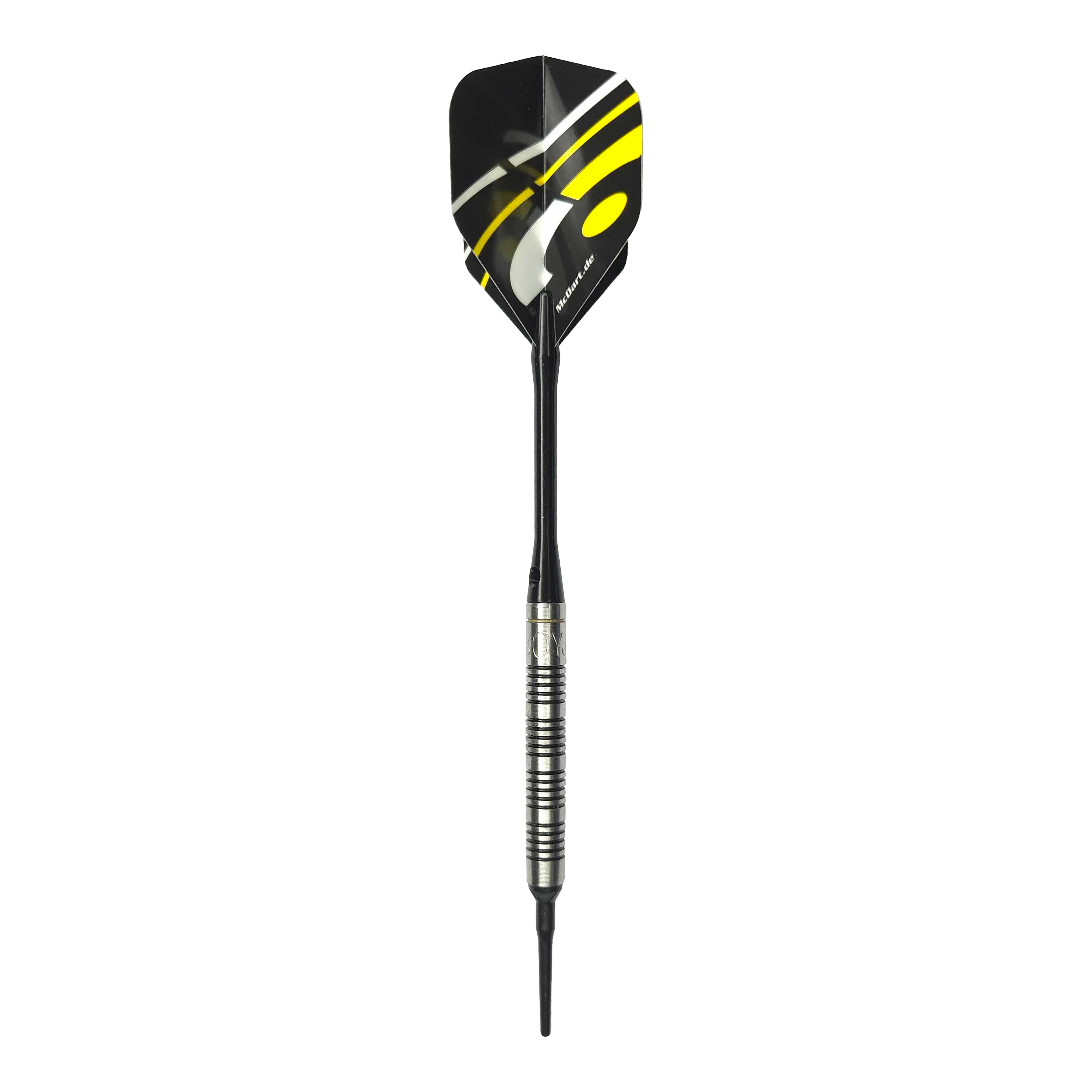 Dardi morbidi McDart 85 Tungsten V17 - 16,5 g Das Bild zeigt den McDart 85er Tungsten V17 Softdart mit einem Gewicht von 16,5g. Der Dart hat ein modernes Design mit schwarzen und gelben Akzenten auf den Flights.