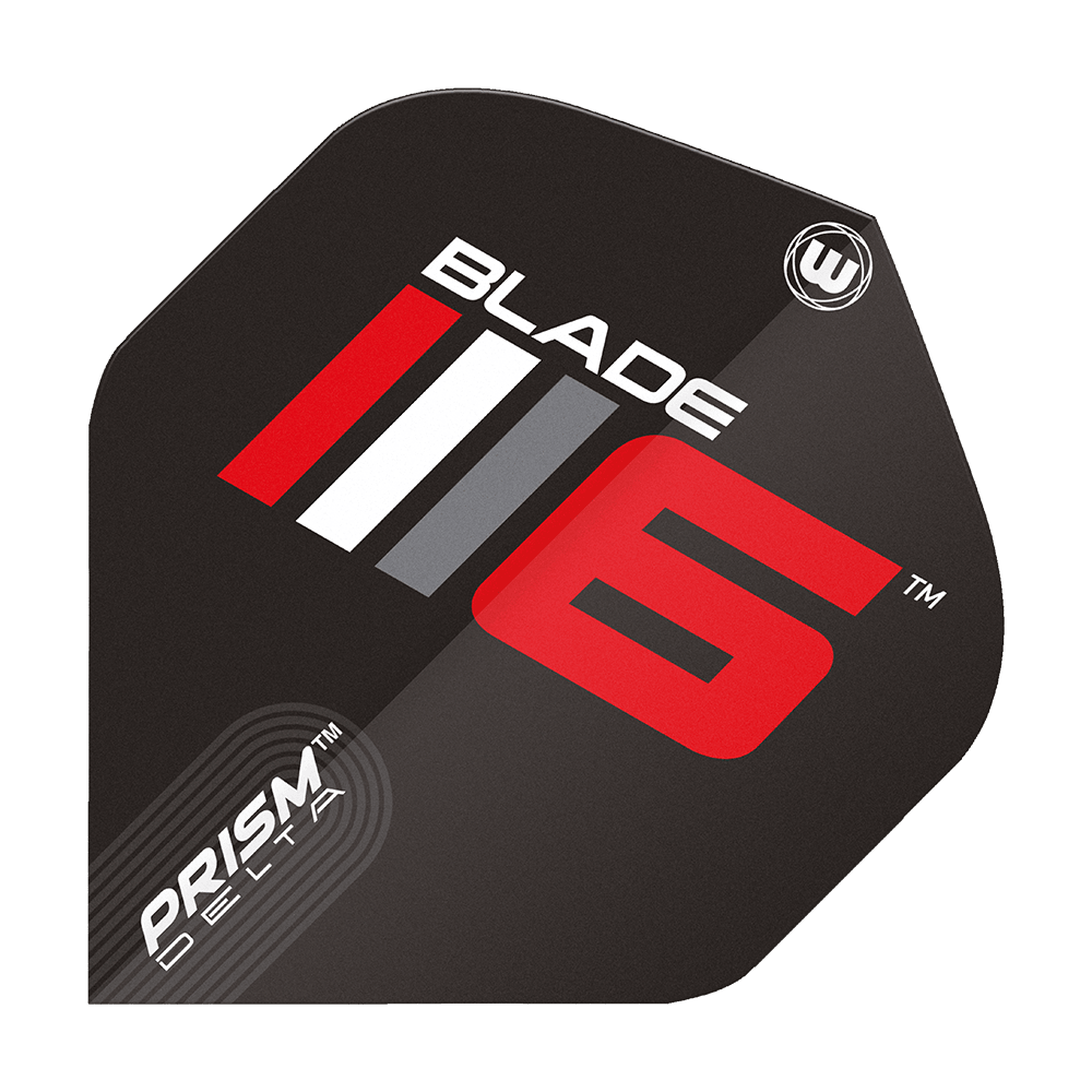 6915-225_Winmau_Prism_Delta_Blade6_A_Standard_Flights_1cMHioShH2goA4 Auf dem Bild ist das Winmau Prism Delta Blade 6 A Standard Flights abgebildet. Es zeigt ein modernes Design mit schwarzen, roten, weißen und grauen Elementen sowie den Schriftzügen „Blade 6“ und „Prism Delta“.