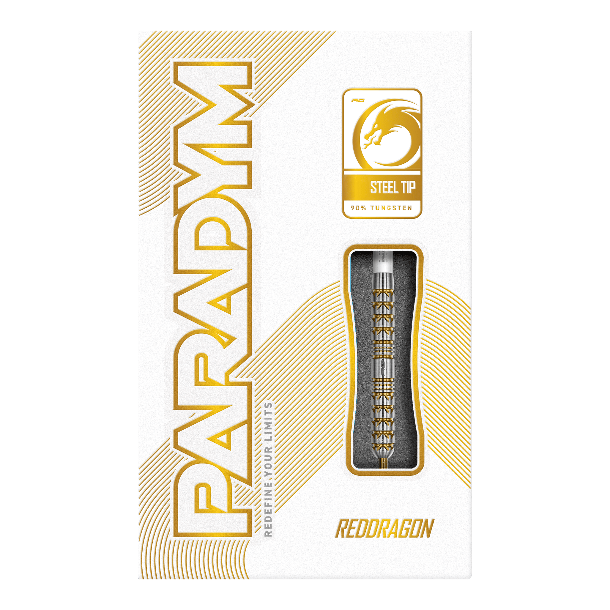 Red Dragon Paradym Gold Parallel Steeldarts Das Bild zeigt die Red Dragon Paradym Gold Parallel Steeldarts. Sie sind parallel geformt und in einer auffälligen Goldfarbe gehalten.
