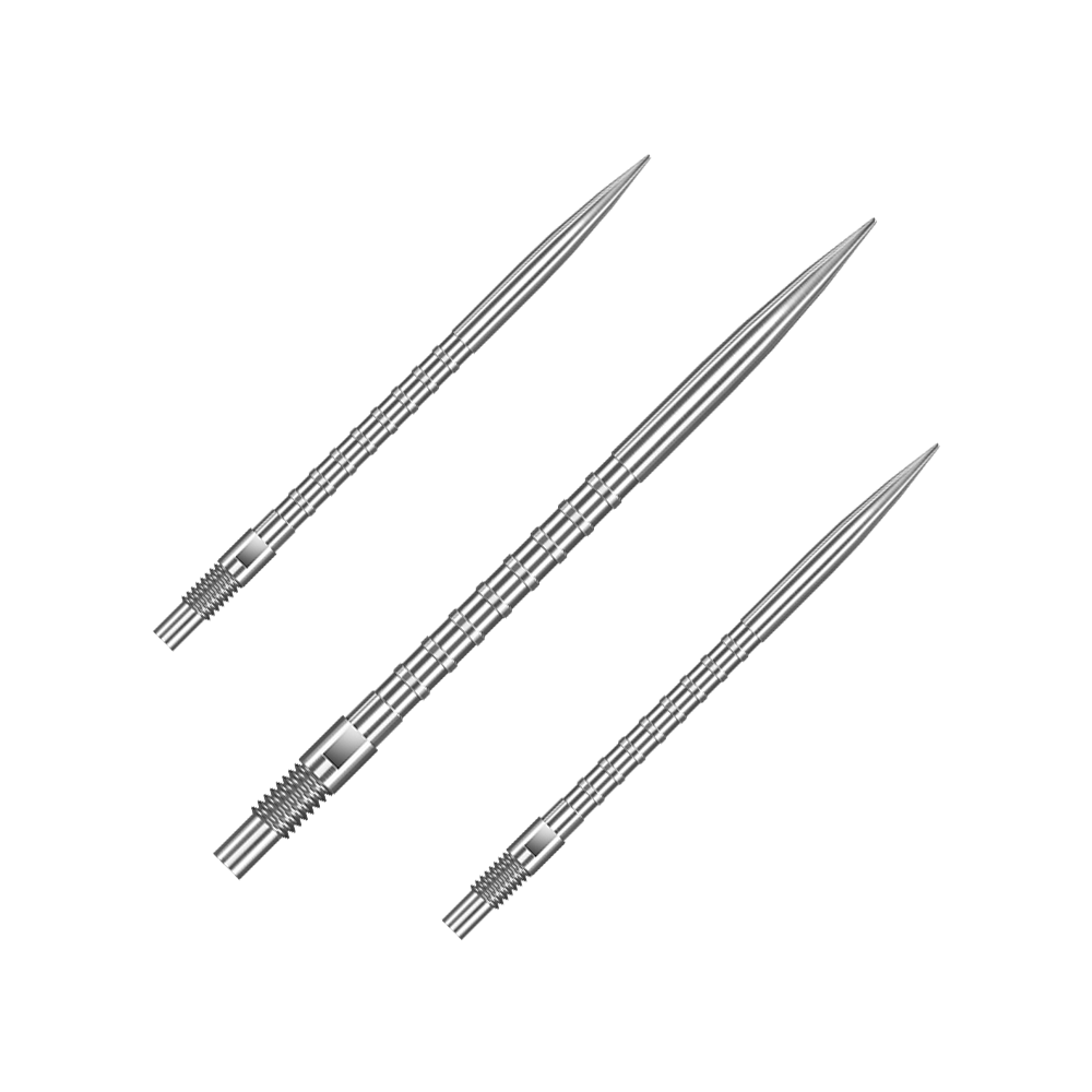 Punte per freccette Harrows Quick Point Heavy Metal - Argento Das Bild zeigt ein Set von silbernen Dartspitzen mit 40 mm Länge. Die Spitzen sind nebeneinander arrangiert.