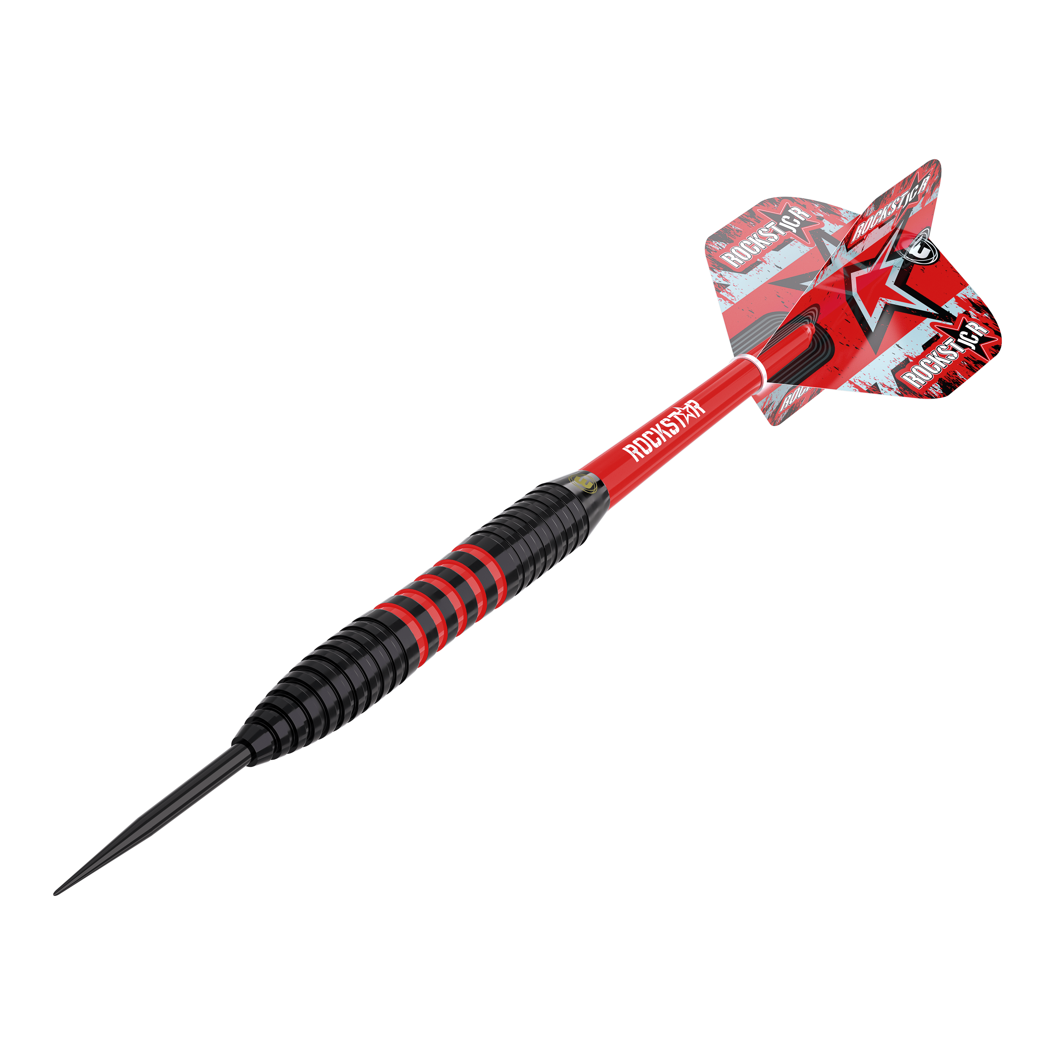 Freccette in acciaio Winmau Joe Cullen in ottone - 20 g Das Bild zeigt einen Winmau Joe Cullen Brass Steeldart mit einem Gewicht von 20g. Der Dart ist schwarz und rot, mit einer auffälligen roten Flights und dem Schriftzug "ROCKSTAR".