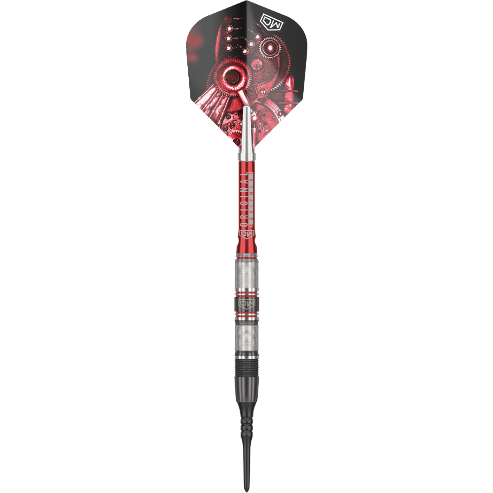 Freccette morbide DW Piranha Razor 02 Das Bild zeigt den Softdart "DW Piranha Razor 02". Der Dart hat ein silber-rotes Barrel und auffällige Flights mit einem Zahnrad-Design.