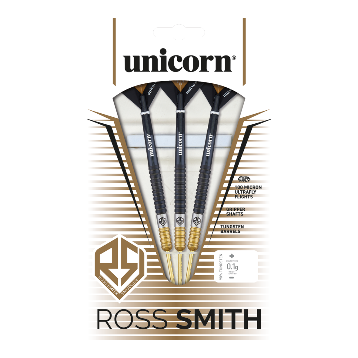 Freccette in acciaio bicolore Unicorn Ross Smith Das Bild zeigt die Unicorn Ross Smith Two-Tone Steeldarts in ihrer Verpackung. Die Verpackung hebt die Eigenschaften wie Gripper Shafts, 100 Micron Ultrafly Flights und Tungsten Barrels hervor.