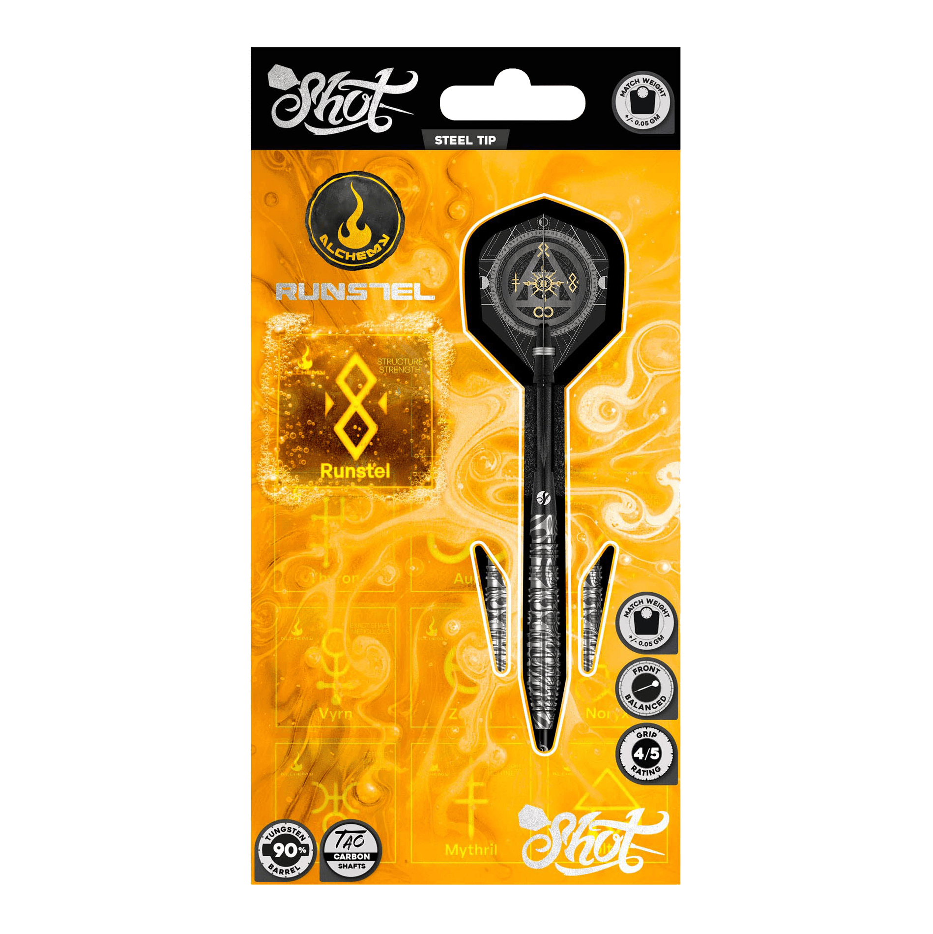 Freccette in acciaio Shot Alchemy Runstel Das Bild zeigt die Shot Alchemy Runstel Steeldarts. Dieses Produkt sind hochwertige Steeldarts für Dartspieler.