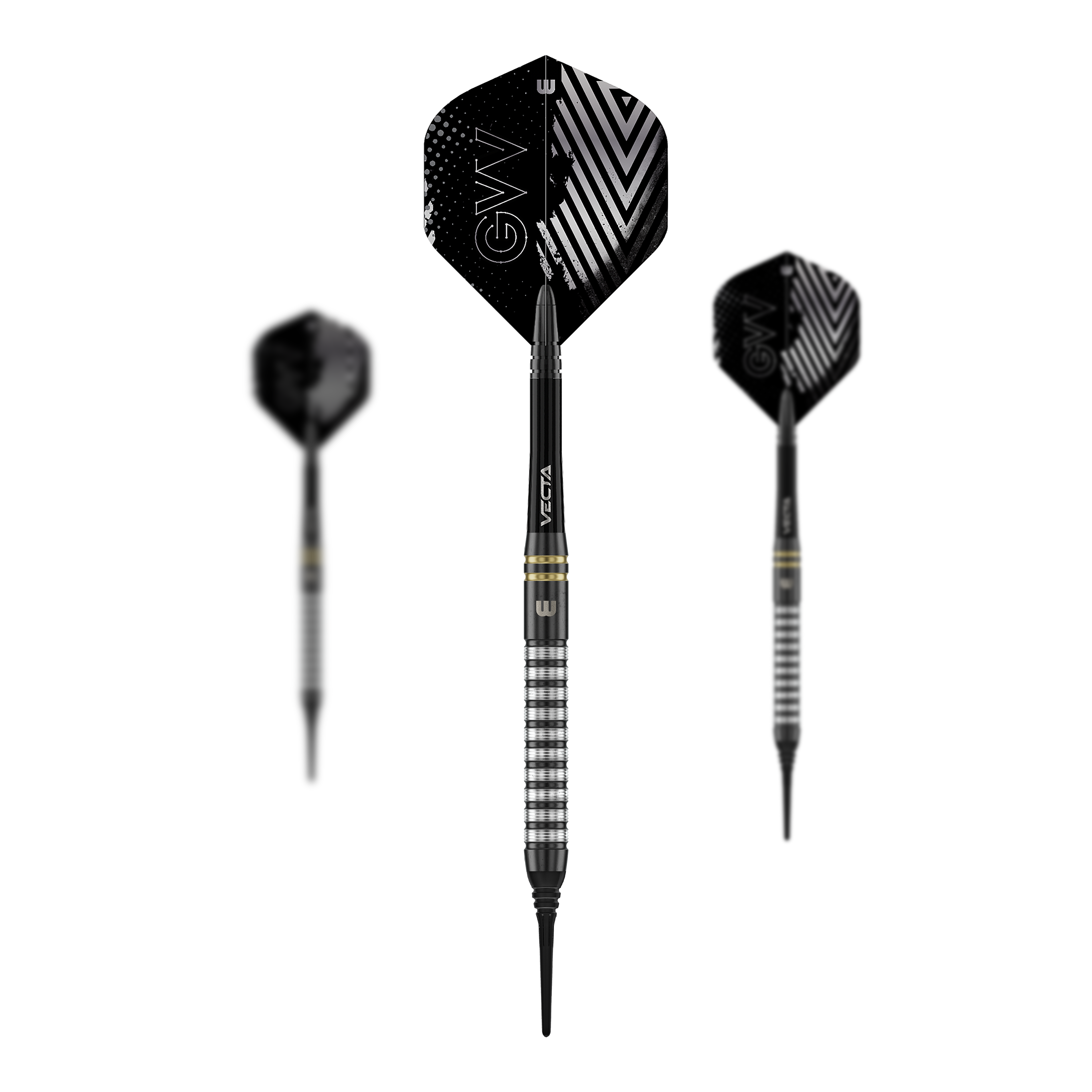 Winmau Gian Van Veen TS freccette morbide - 18g Das Foto zeigt ein Set der Winmau Gian Van Veen TS Softdarts 18g. Alle Darts liegen nebeneinander auf einer ebenen Fläche.