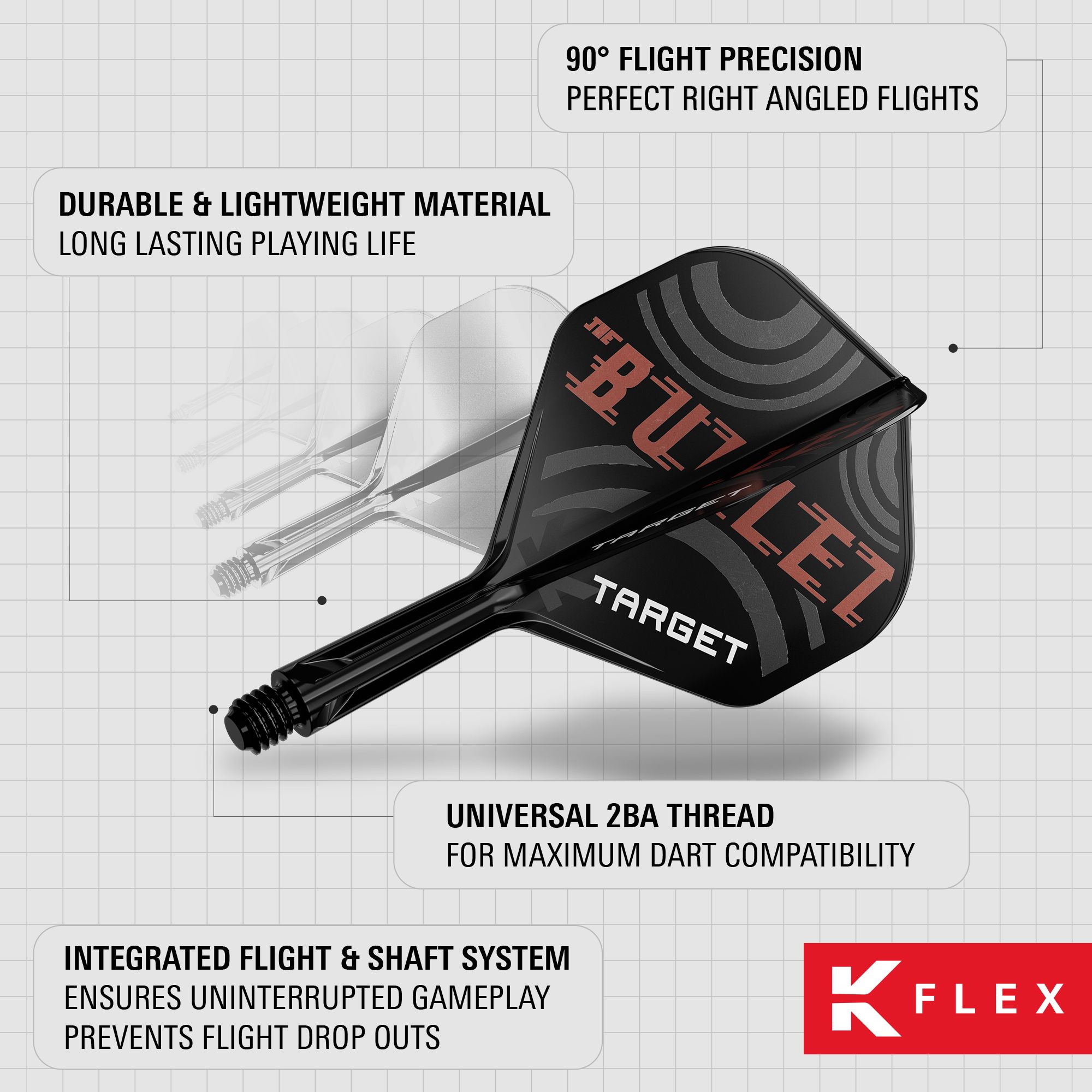 Sistema di alberi di volo standard Target K-Flex Stephen Bunting No2 Das Bild zeigt die Target K-Flex Stephen Bunting No2 Standard Flights mit integriertem Flight- und Shaft-System. Sie bestehen aus langlebigem, leichtem Material und bieten eine präzise 90° Flugposition.