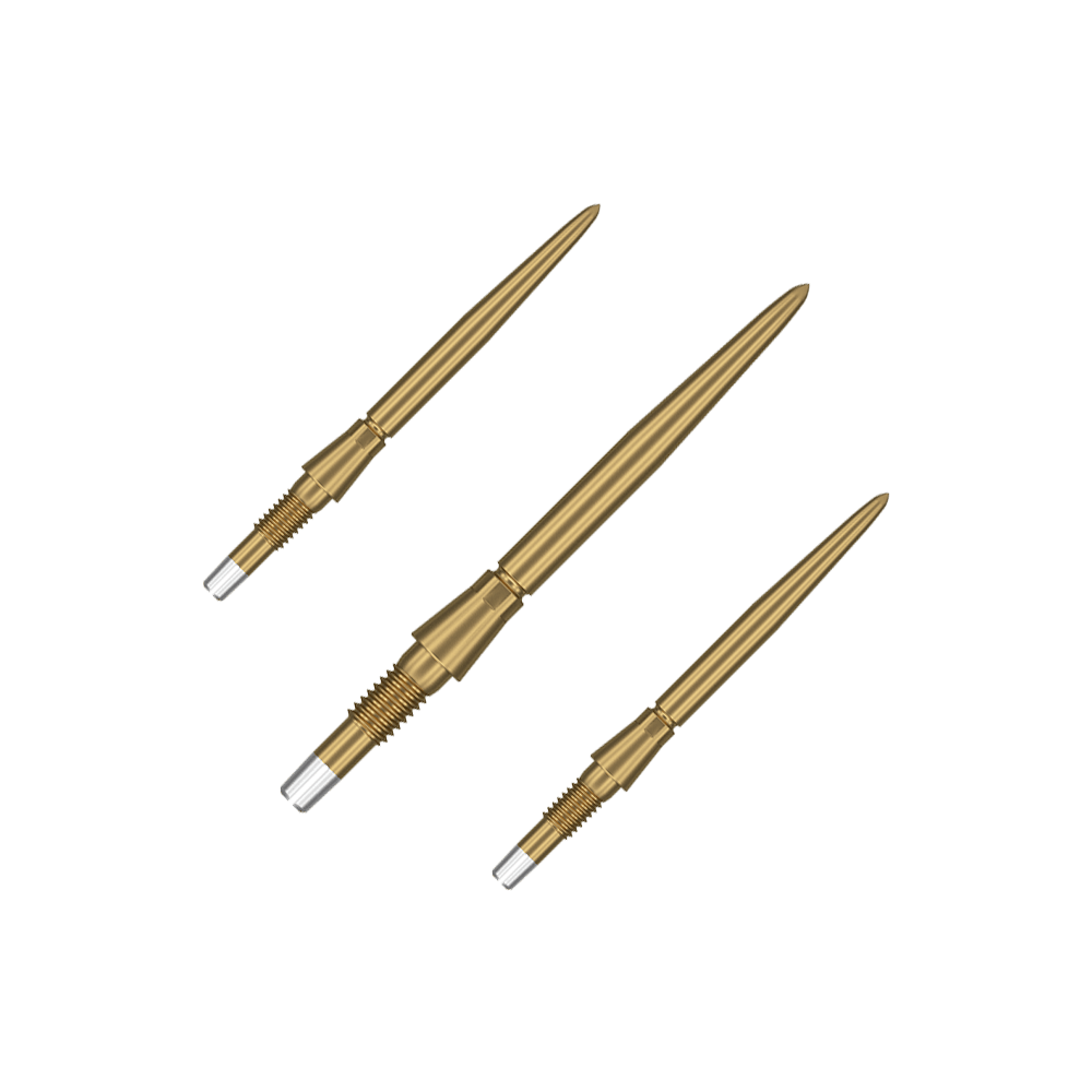 Punte per freccette Target Swiss Storm Point - Oro Das Bild zeigt drei goldene Dartspitzen, die nebeneinander angeordnet sind. Sie haben ein schlankes, spitzes Design mit einem silbernen Schraubgewinde am Ende.