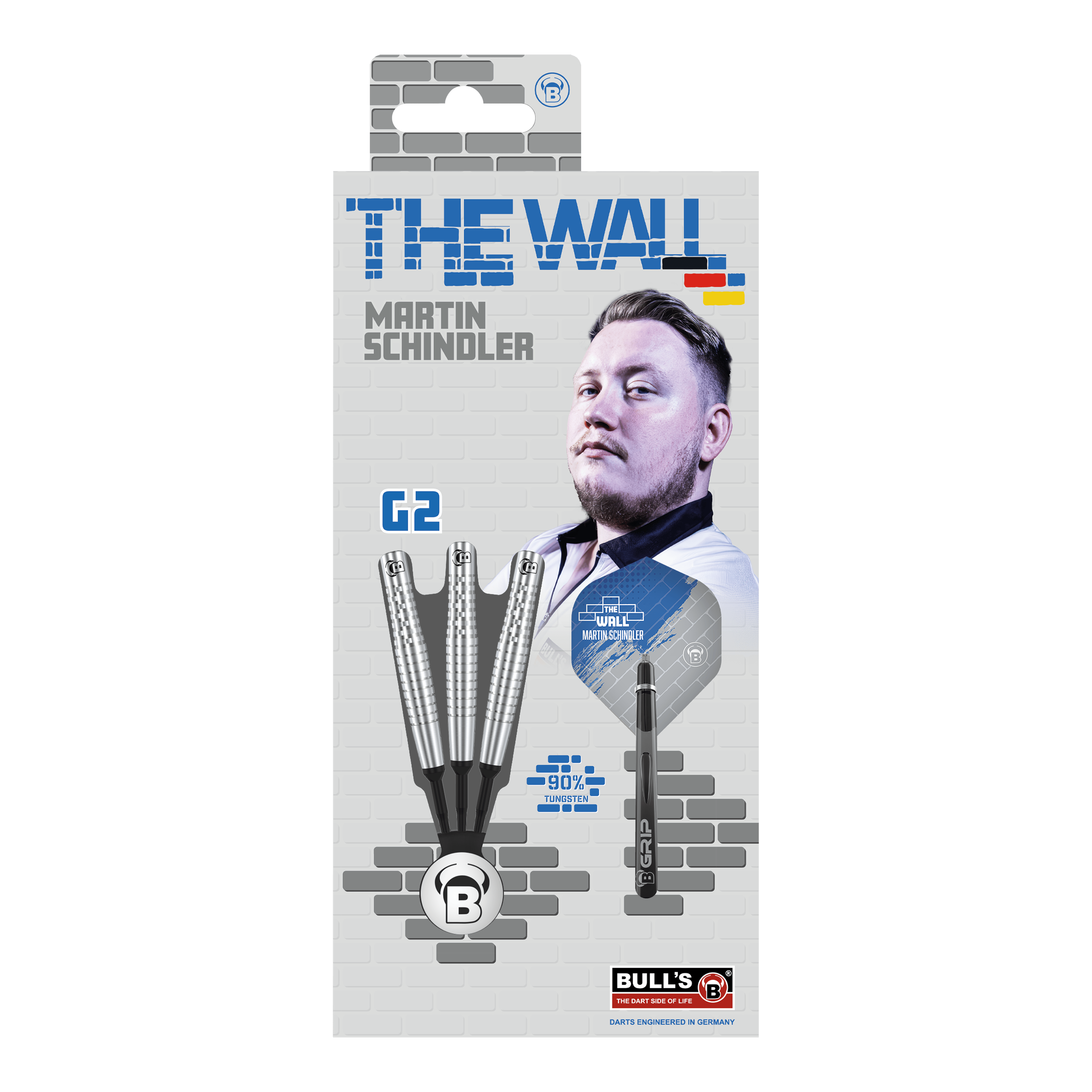 Bulls Martin Schindler Original Generation 2 freccette morbide Die Verpackung zeigt die "Bulls Martin Schindler Original Generation 2 Softdarts". Auf der Vorderseite ist ein Bild von Martin Schindler und die Darts selbst abgebildet.