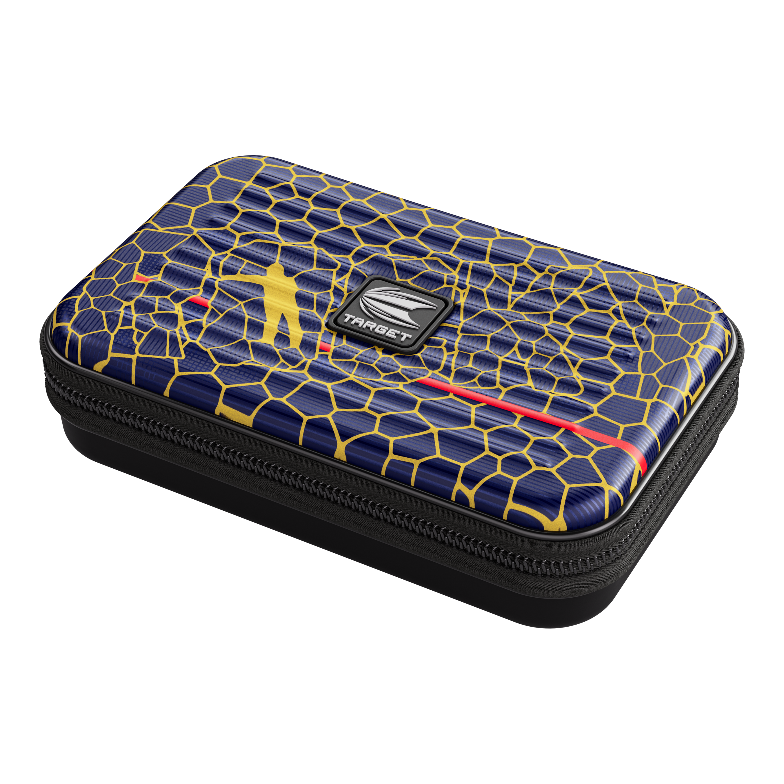 Custodia per freccette Target Takoma Josh Rock XL Das Bild zeigt das Produkt "Target Takoma Josh Rock XL Dartcase". Das Dartcase hat ein blaues Design mit gelben Linien und einem roten Streifen sowie ein zentrales "Target"-Logo.