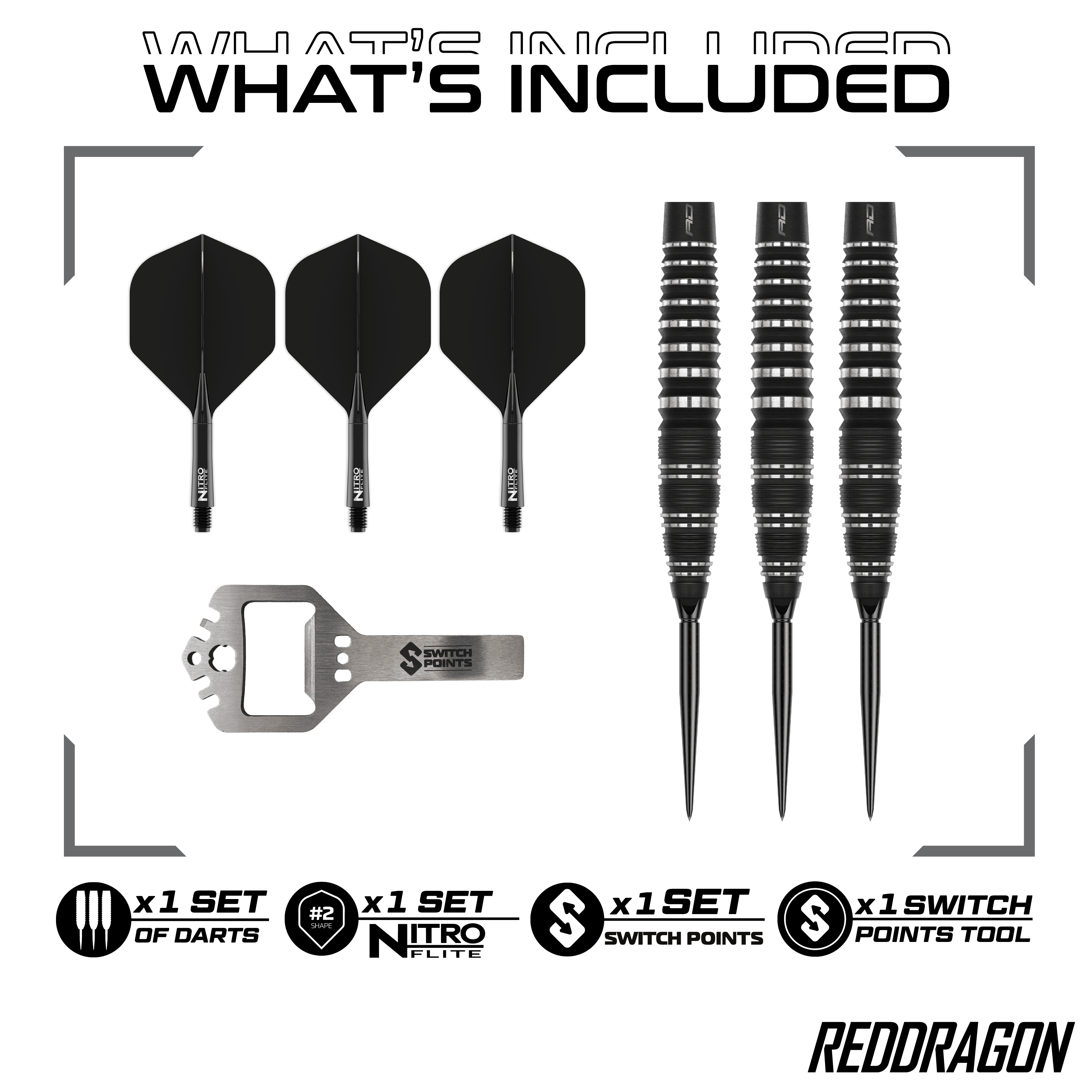 Dardi d'acciaio Switch Point Red Dragon Sable Bomb Das Bild zeigt die Red Dragon Sable Bomb Switch Point Steeldarts. Die Darts haben ein markantes Design und sind speziell für das Steeldartspiel entwickelt.