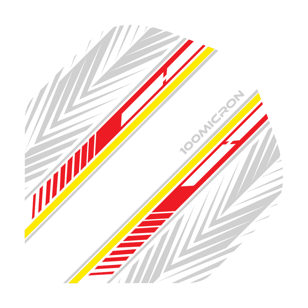 Voli Pentathlon bianchi/rossi/gialli Das Bild zeigt ein Dartflight in Weiß mit roten und gelben Streifen sowie grauen Mustern. Auf dem Flight steht der Text "100 MICRON".