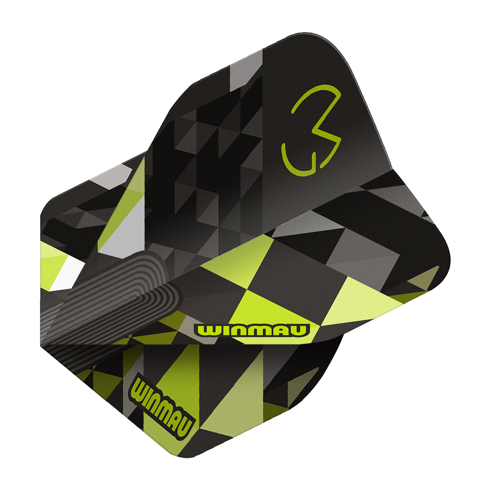 Voli standard Winmau Prism Delta MvG Logo Verde No2 Das Bild stellt Winmau Prism Delta MvG Logo Green No2 Standard Flights dar. Grüne Dart-Flights mit einem markanten Logo sind abgebildet.