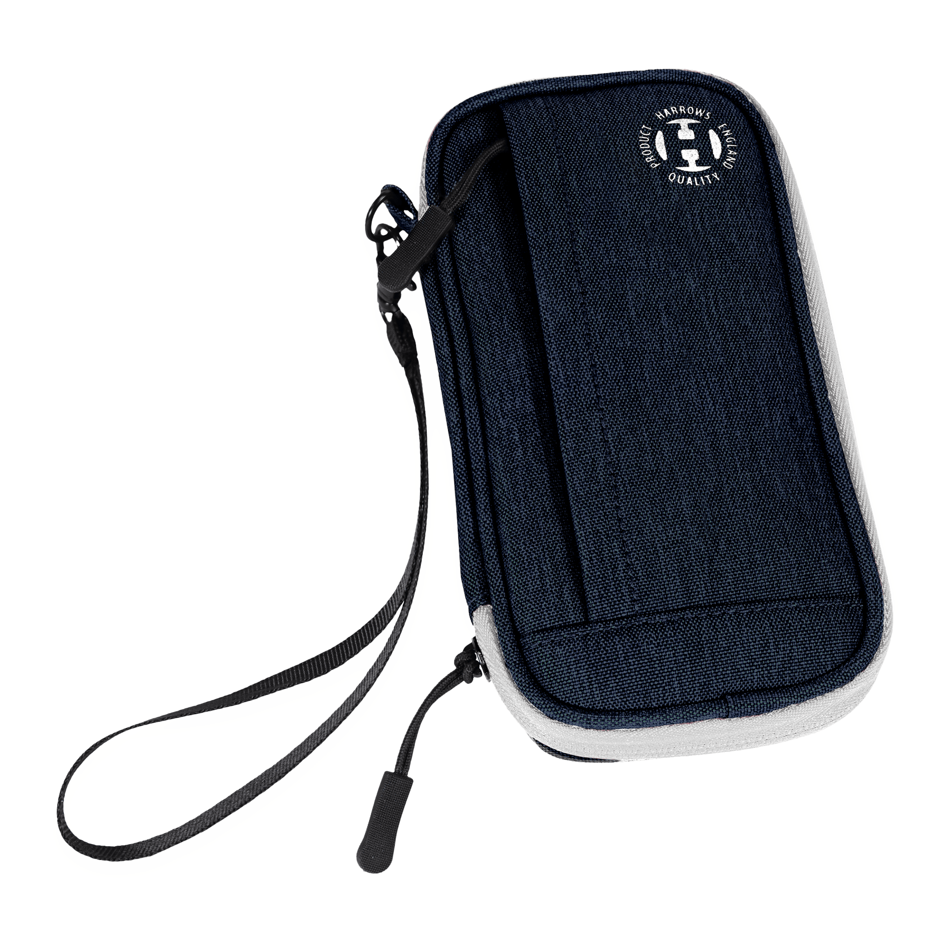 Portafoglio Smart Case Harrows Dies ist ein blaues Dart-Etui mit einer Handschlaufe. Auf der Vorderseite befindet sich ein rundes Harrows-Logo.
