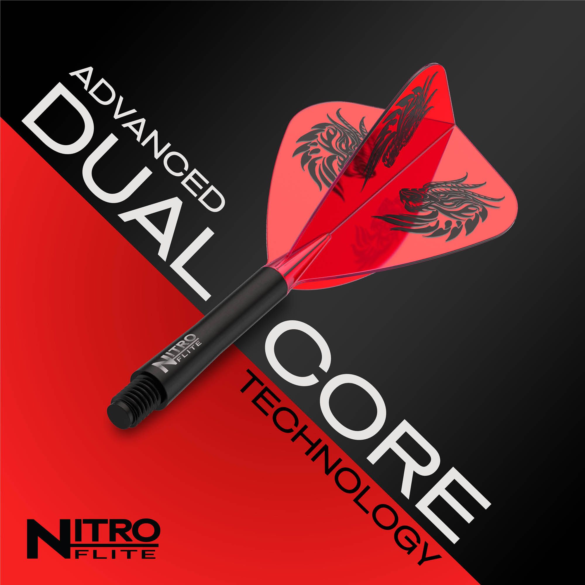 Red Dragon Nitro Flite - Voli con aquilone di Jonny Clayton Das Bild zeigt einen Red Dragon Nitro Flite - Jonny Clayton Kite Flight. Dieser Flight hat eine eigene Form und ist mit einem speziellen Muster gestaltet.