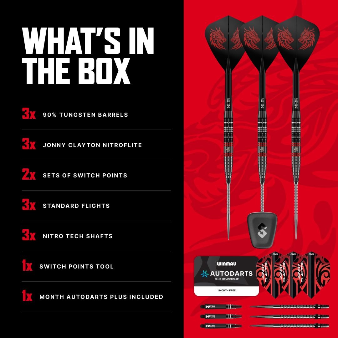 Freccette in acciaio Red Dragon Jonny Clayton RD-ULTRA Switch Point - 22 g Das Foto zeigt die Red Dragon Jonny Clayton RD-ULTRA Switch Point Steeldarts mit einem Gewicht von 22 Gramm. Die Darts werden im Detail präsentiert.