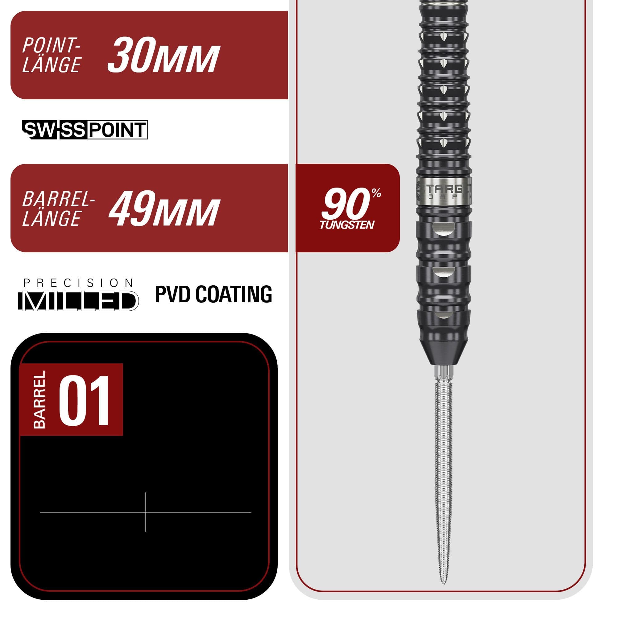 Freccette in acciaio Target Japan Black Marque Eclipse Swiss Point - 23 g Zu sehen ist Target Japan Black Marque Eclipse Swiss Point Steeldarts - 23g. Die Steeldarts sind für Präzision und ausgewogenes Spiel entwickelt.