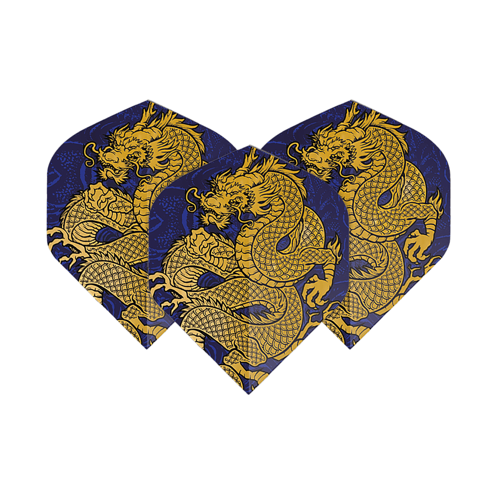 Voli Pentathlon Drago blu Auf dem Bild sind drei Dartflights mit einem auffälligen goldenen Drachendesign auf dunkelblauem Hintergrund zu sehen. Es handelt sich um die "Pentathlon Dragon 4 Standard Flights".