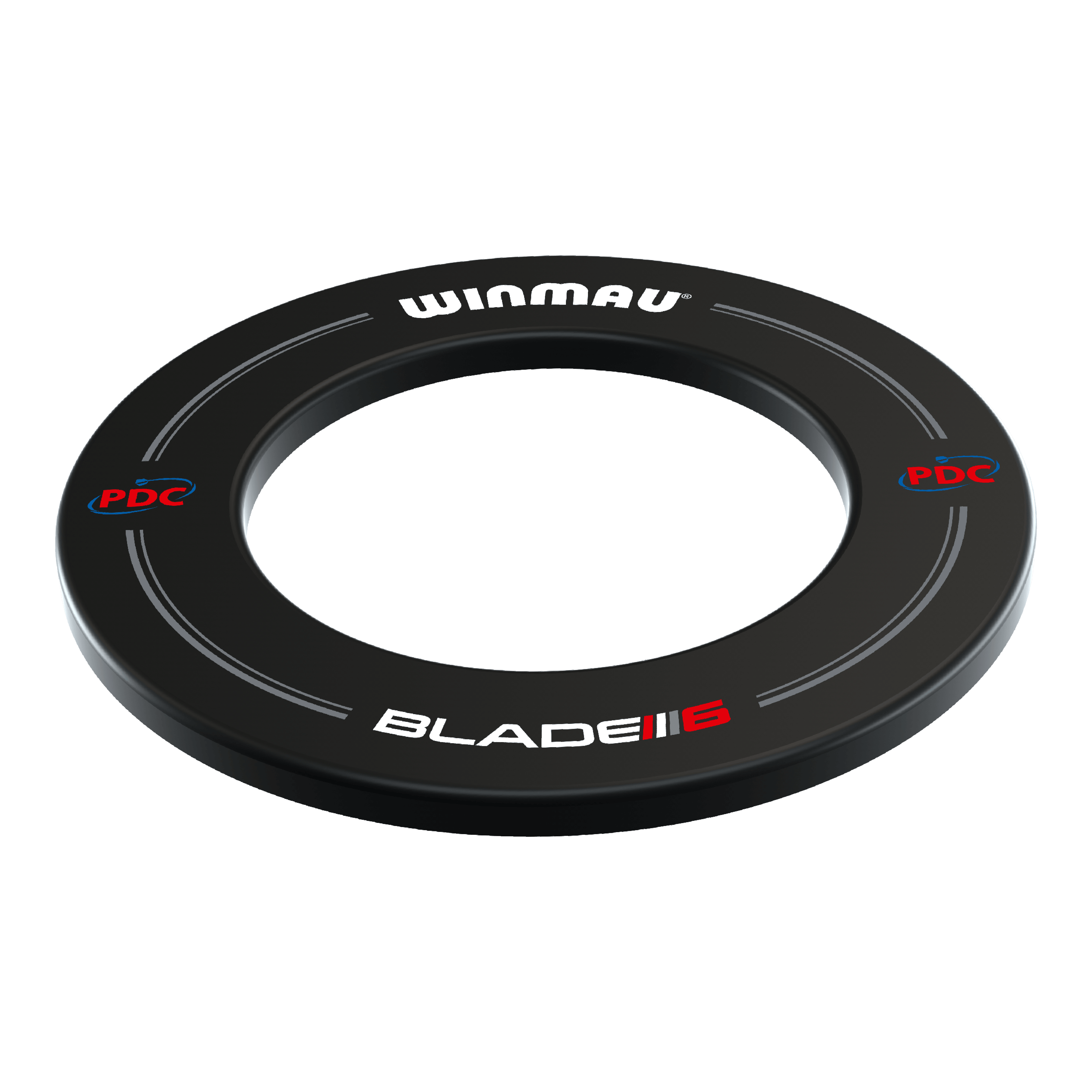 Cornice per freccette Winmau PDC - nera Das Bild zeigt einen schwarzen Winmau PDC Dartboard Surround. Auf dem Ring stehen die Worte "WINMAU", "BLADE 6" und "PDC" in weißer und roter Schrift.