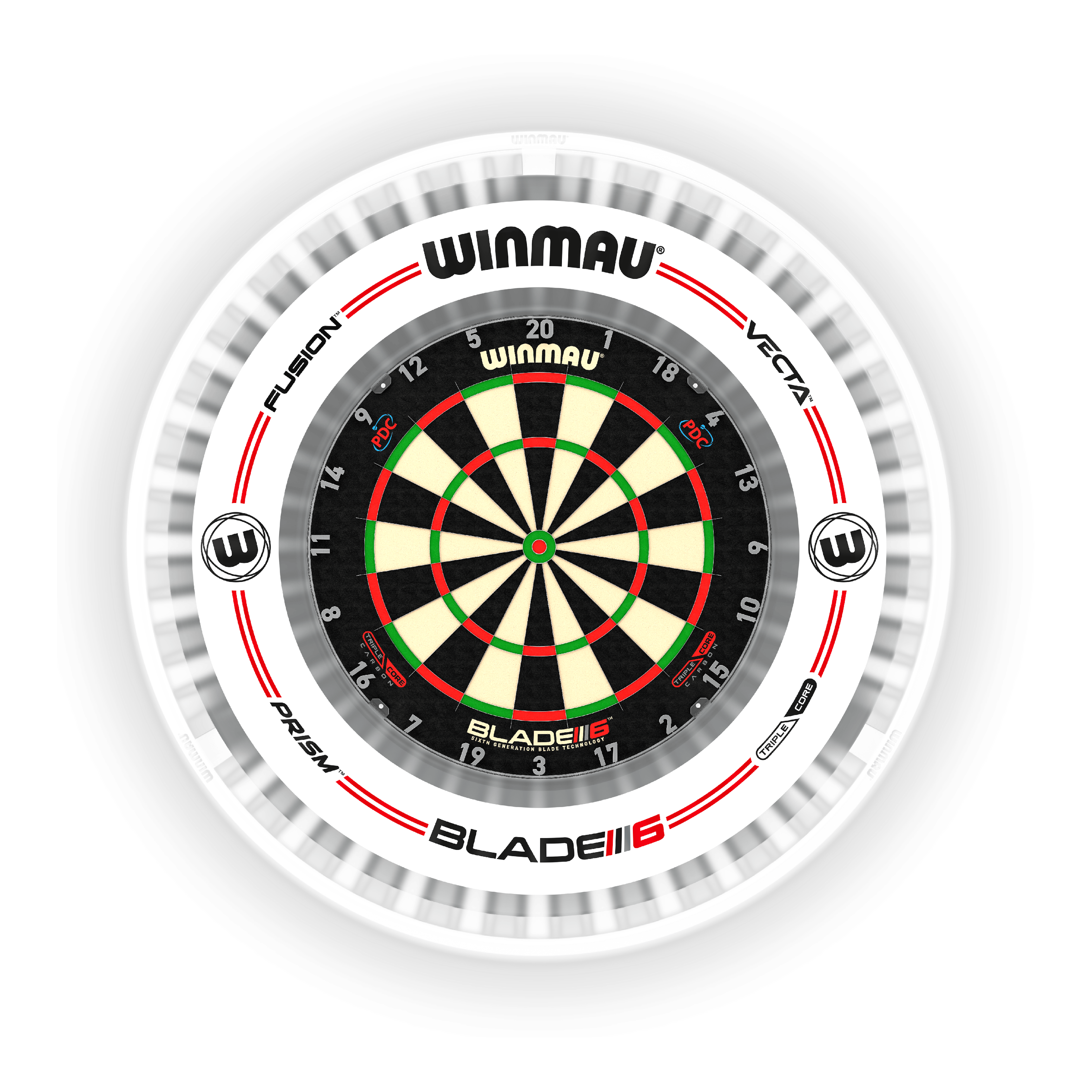 Luce LED per freccette al plasma Winmau Plasma Ice Das Bild zeigt das Produkt "Winmau Plasma Ice LED Dartboard Light" um ein Dartboard. Es sorgt für eine helle und gleichmäßige Ausleuchtung der Dartscheibe.