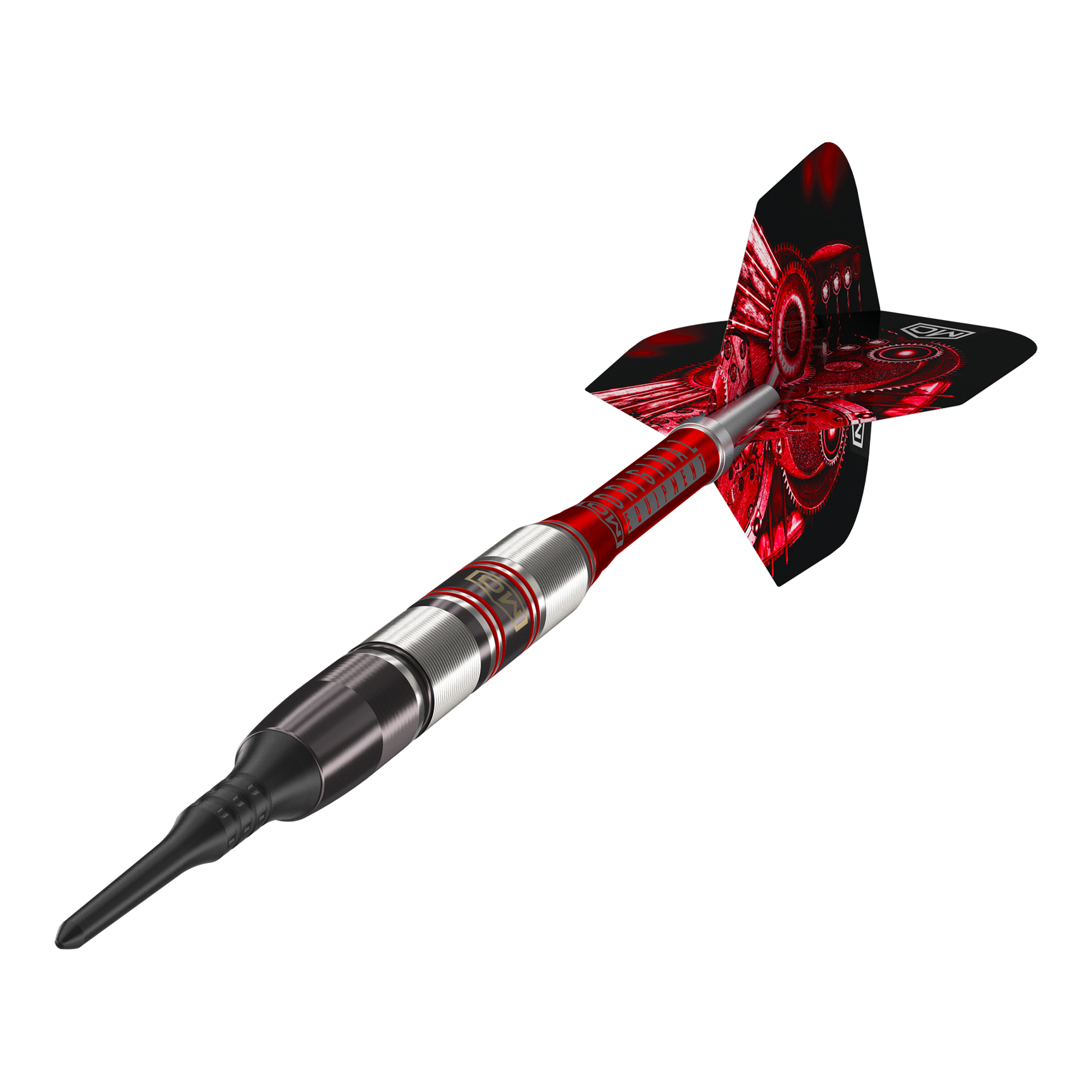 Freccette morbide DW Piranha Razor 02 Das Bild zeigt den DW Piranha Razor 02 Softdart. Der Dart hat ein modernes Design mit roten und silbernen Akzenten.